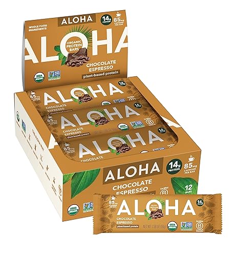 ALOHA Organic Plant Based Protein Bars - Chocolate Espresso (85mg Caffeine) - 12 Bars, Vegan, Low Sugar, Gluten-Free, Paleo, Low Carb, Non-GMO, No