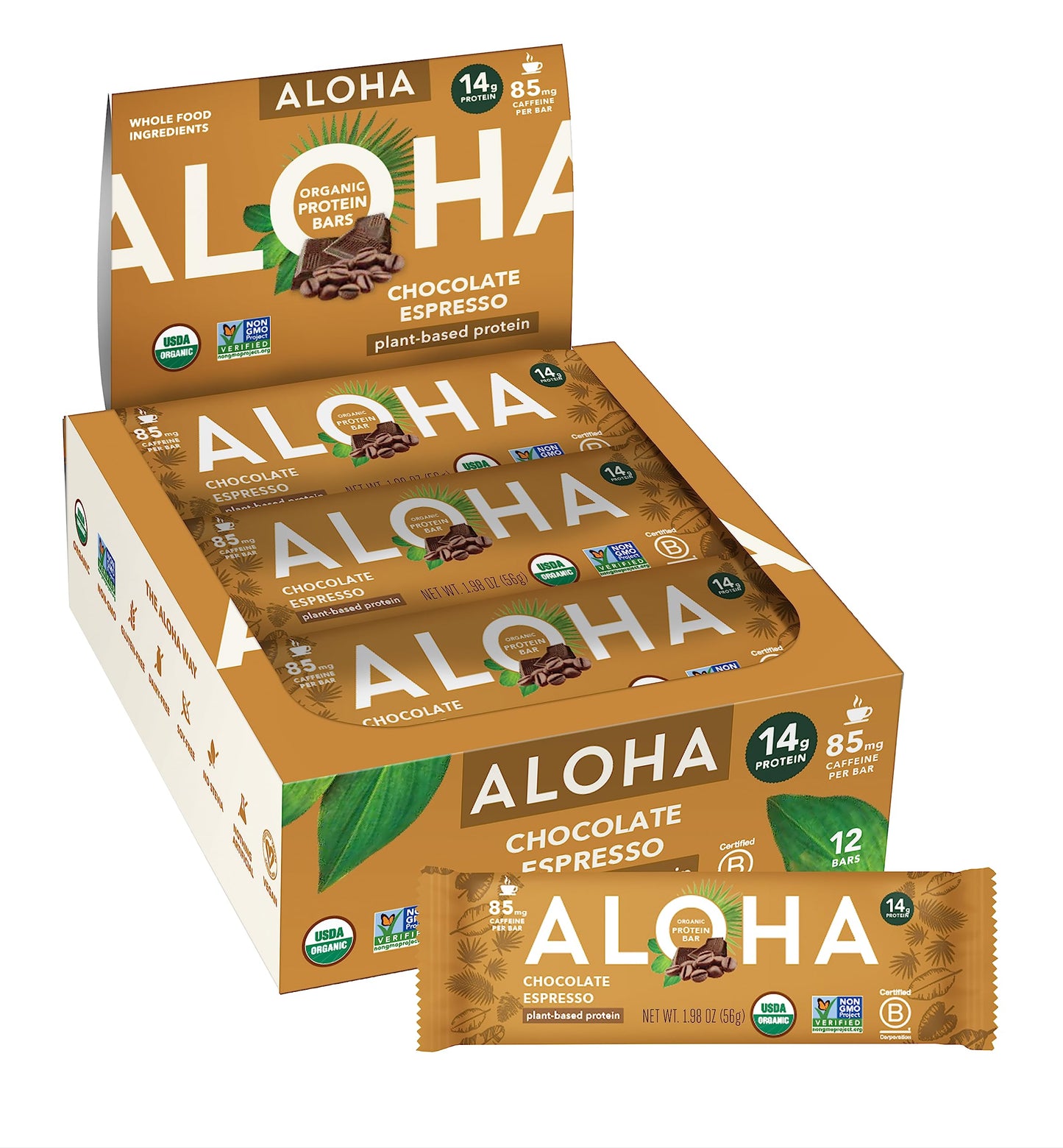 ALOHA Organic Plant Based Protein Bars - Chocolate Espresso (85mg Caffeine) - 12 Bars, Vegan, Low Sugar, Gluten-Free, Paleo, Low Carb, Non-GMO, No