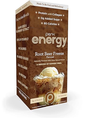 Perk Energy Drink Mix (Root Beer Freeze) 10 Stick Packs - Caffeinated Healthy Coffee Alternative with Protein, 100mg of Caffeine, Gluten-Free