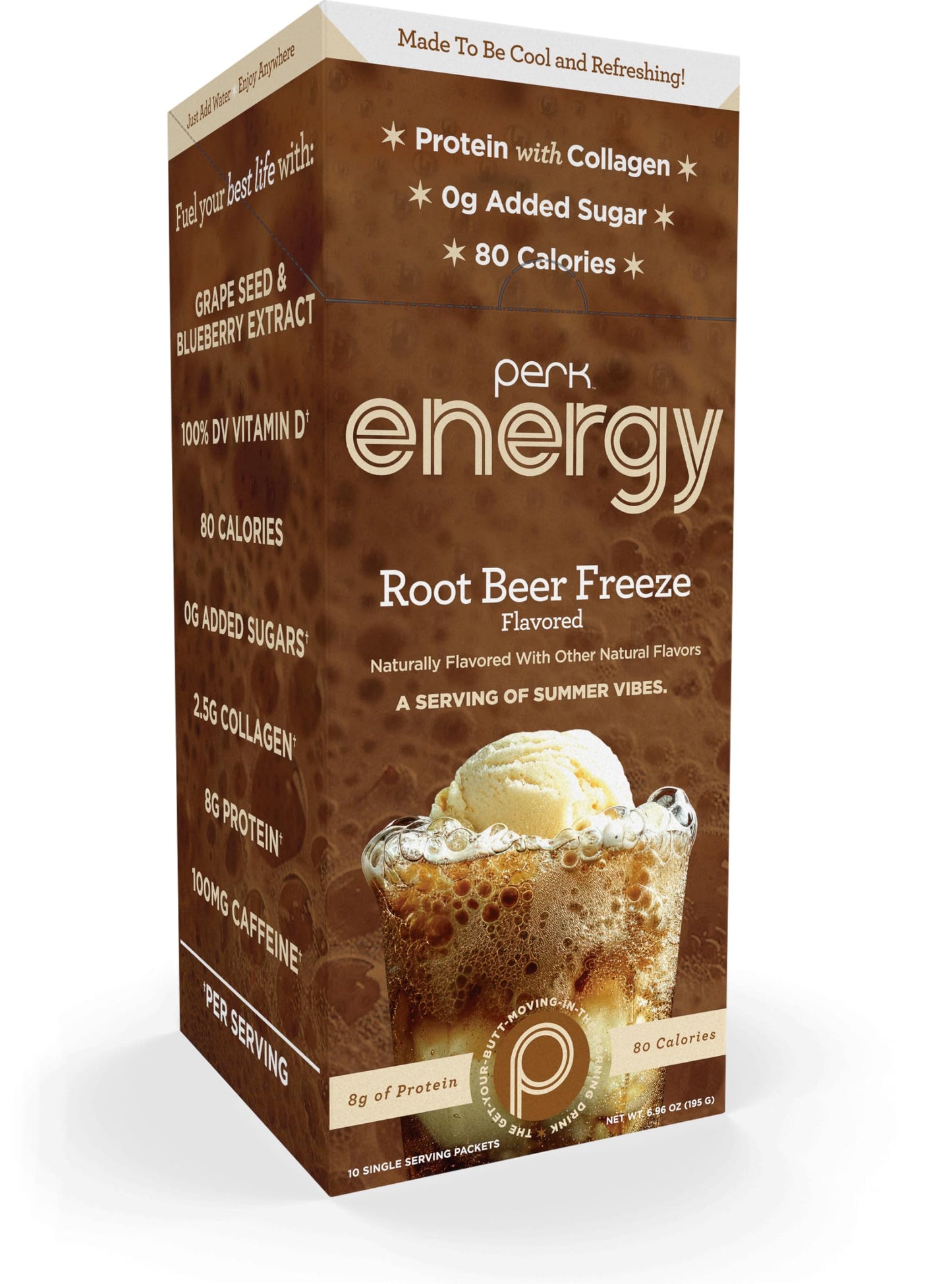 Perk Energy Drink Mix (Root Beer Freeze) 10 Stick Packs - Caffeinated Healthy Coffee Alternative with Protein, 100mg of Caffeine, Gluten-Free