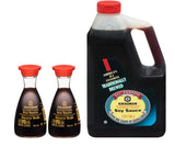 Soy Sauce Budnle with Two Dispensers 5 fl oz and 64 Ounce Bottle (0.5 Gallon) - with Make Your Day Mini Bamboo Spatula or Basting Brush