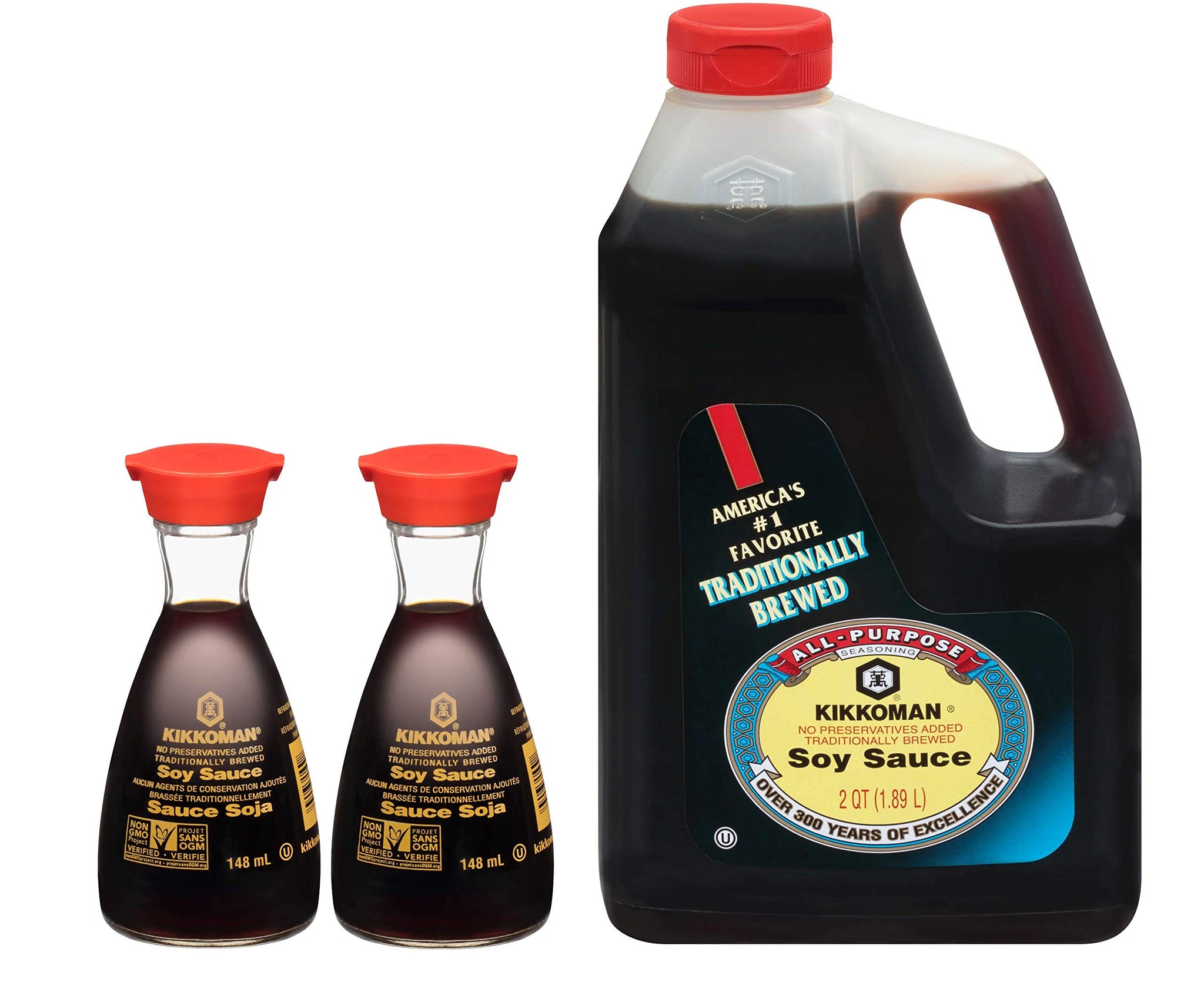 Soy Sauce Budnle with Two Dispensers 5 fl oz and 64 Ounce Bottle (0.5 Gallon) - with Make Your Day Mini Bamboo Spatula or Basting Brush