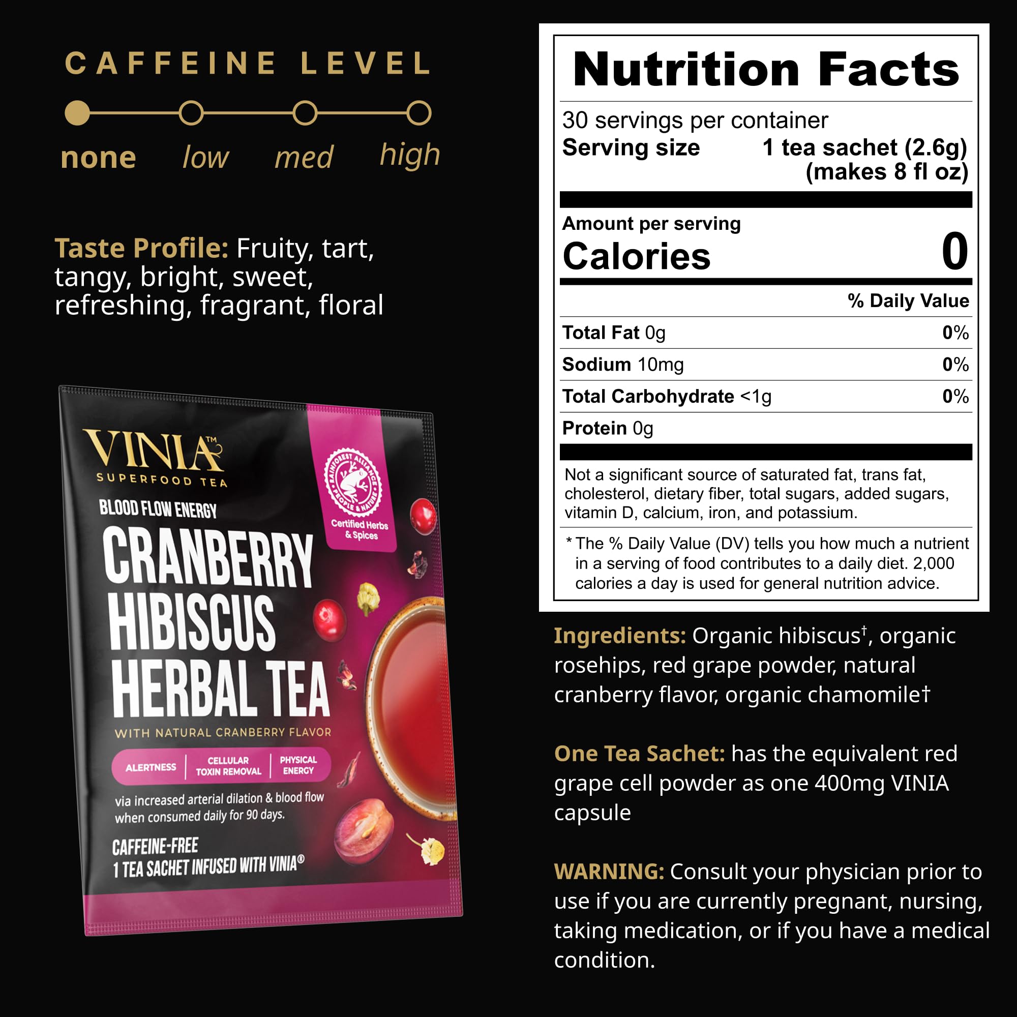 VINIA Cranberry Hibiscus Herbal Tea Bags, Made with Organic Herbal Tea, Infused with Piceid Resveratrol for Heart Health, Nitric Oxide, Physical