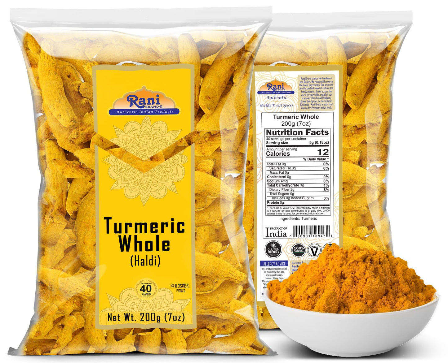 Rani Turmeric (Haldi) Root Whole Spice, Dried 7oz (200g) ~ All Natural | 100% Pure | Vegan | Gluten Friendly | NON-GMO | Kosher | Indian Origin