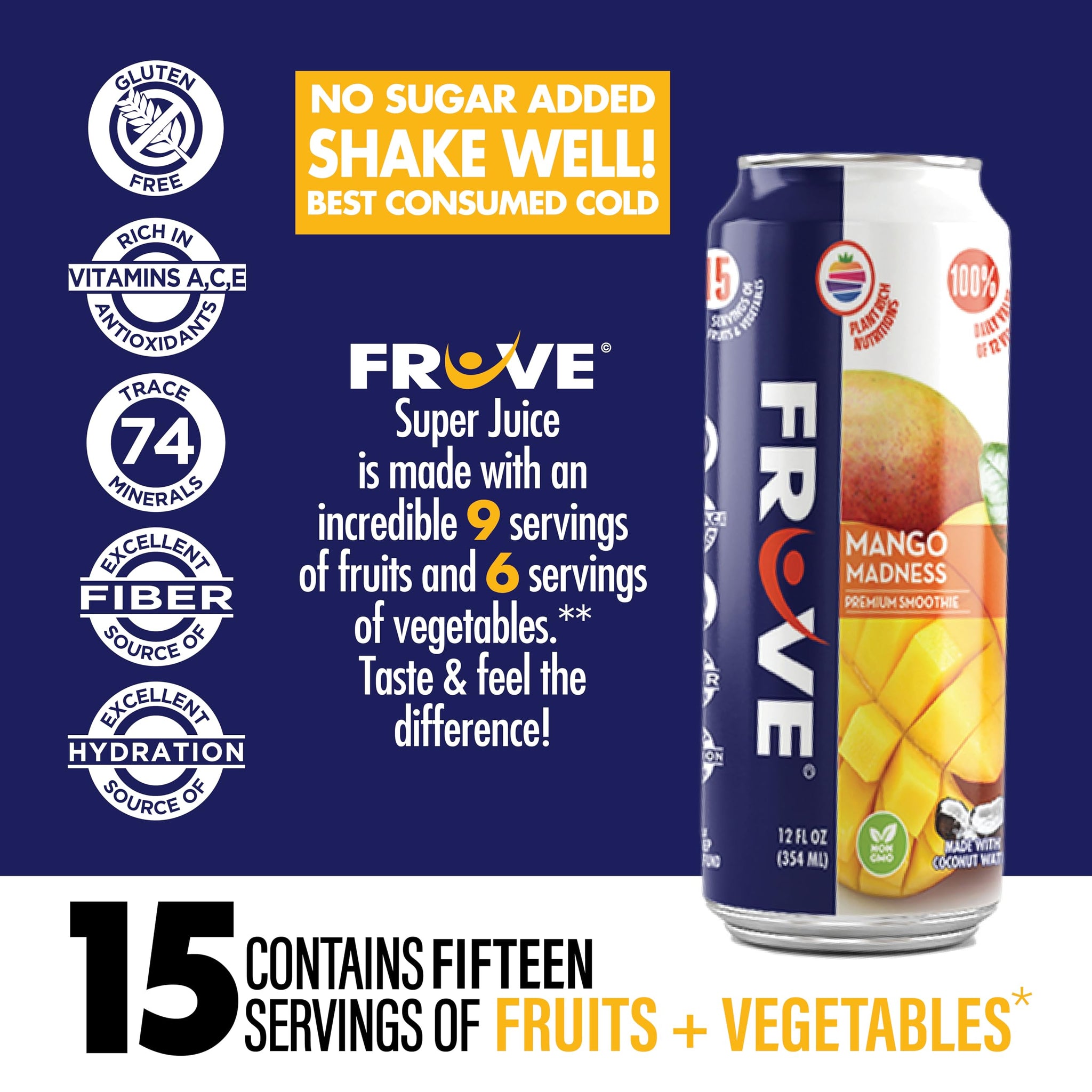 Fruve a healthy super juice drink with real fruit | Gut Health & Immunity Benefits | non-GMO | low calorie | Mango Madness | 12 fl oz (12 Pack)