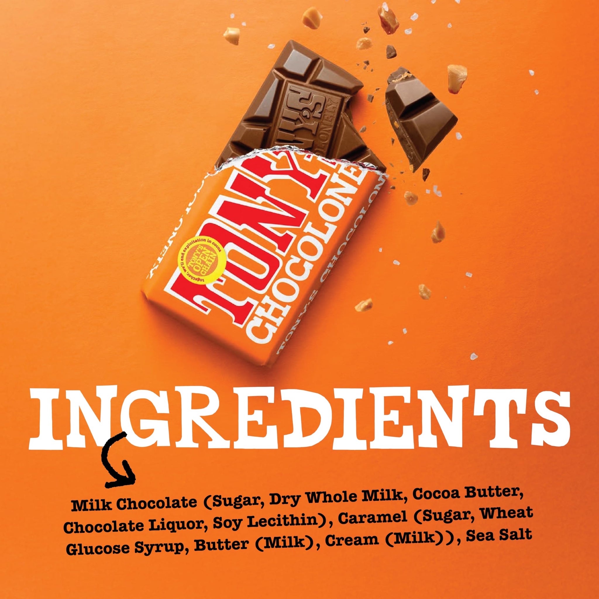 Tony’s Chocolonely Belgian Milk Chocolate Candy Bar With Caramel & Sea Salt, Chocolate Bars for Snacks, Party Favors, or Gifts, 32% Cacao, Made From