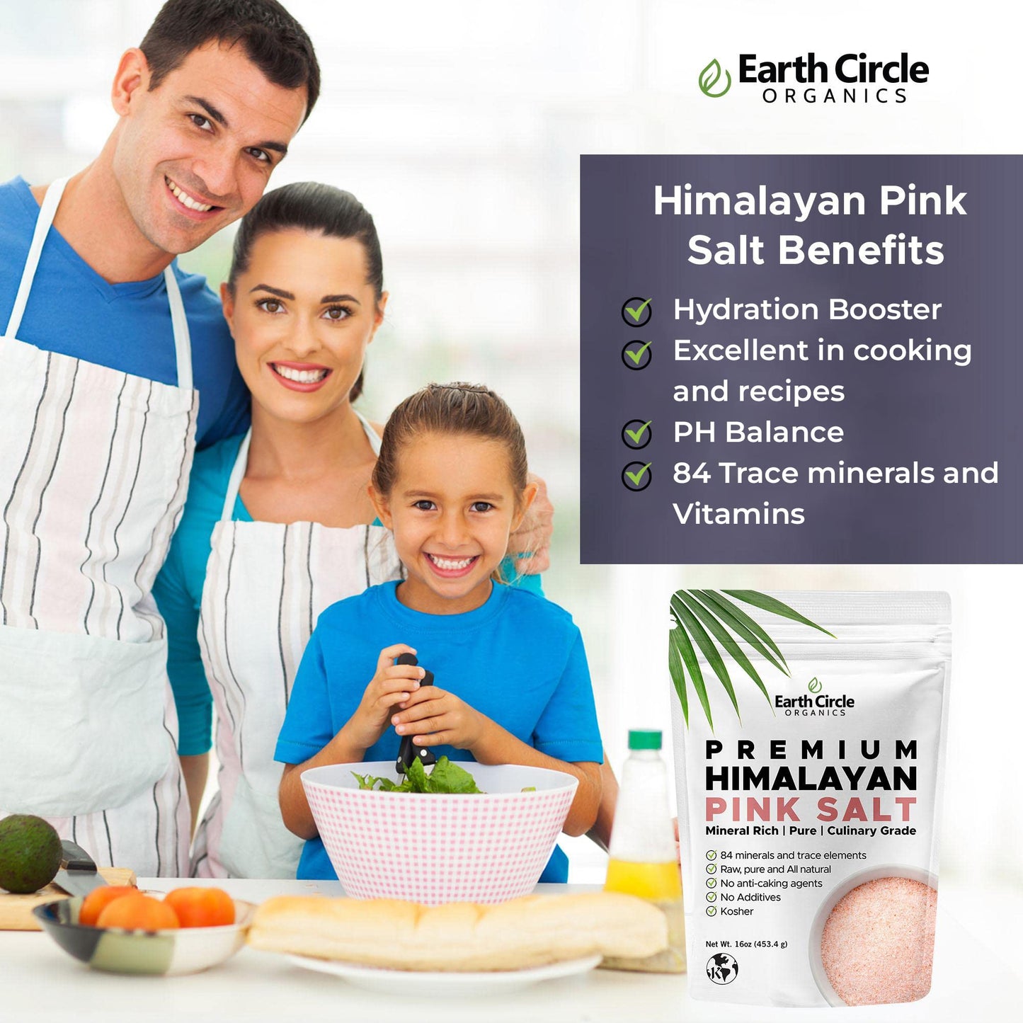Earth Circle Premium Himalayan Unrefined Pink Fine Grain Salt, Pure Culinary Grade - Kosher, Nutrient and Mineral Dense, 1 Pound (Pack of 6)