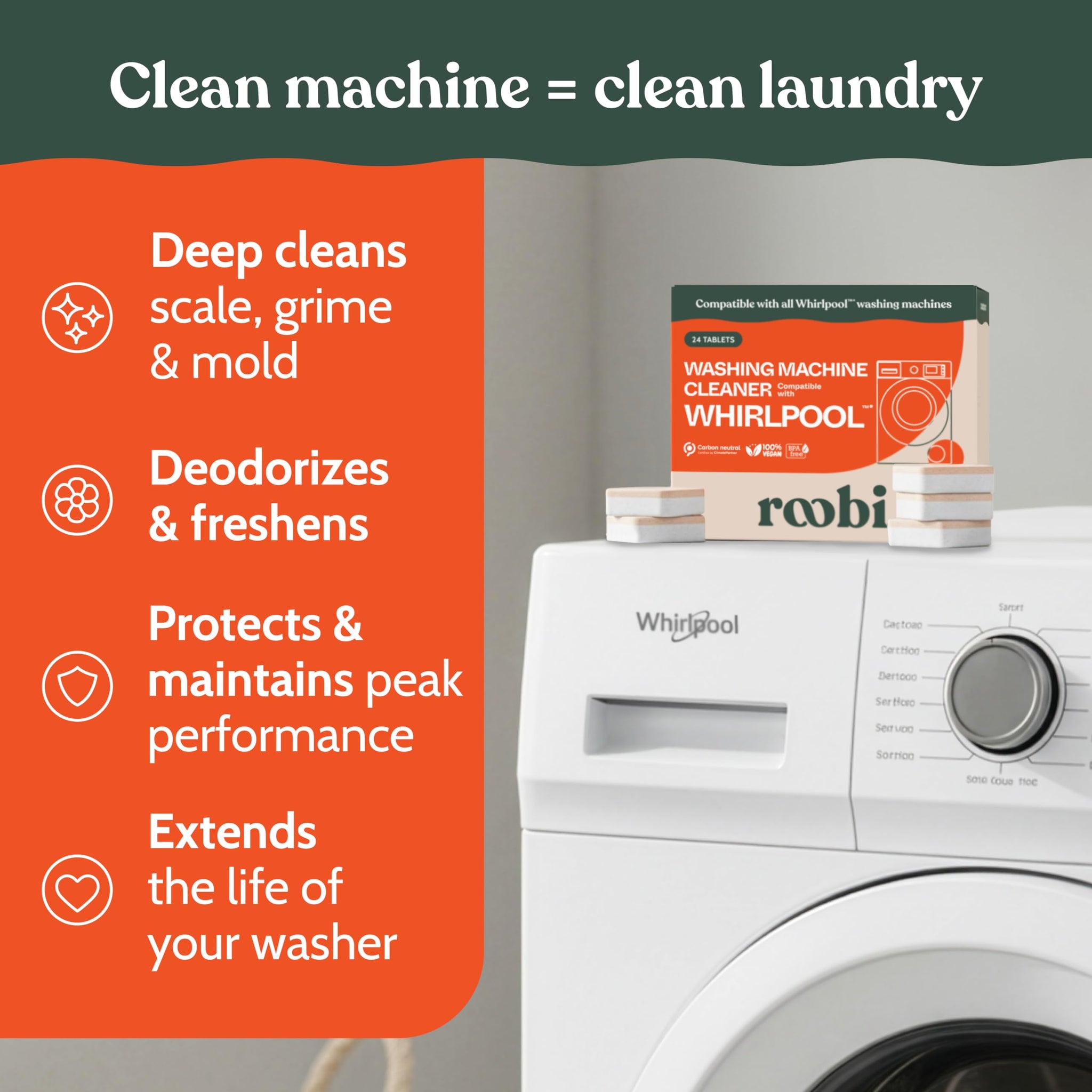 Roobi Washing Machine Cleaner Tablets. Compatible with Whirlpool and All Washing Machine Brands and Models. Septic Safe Deep Clean Formula