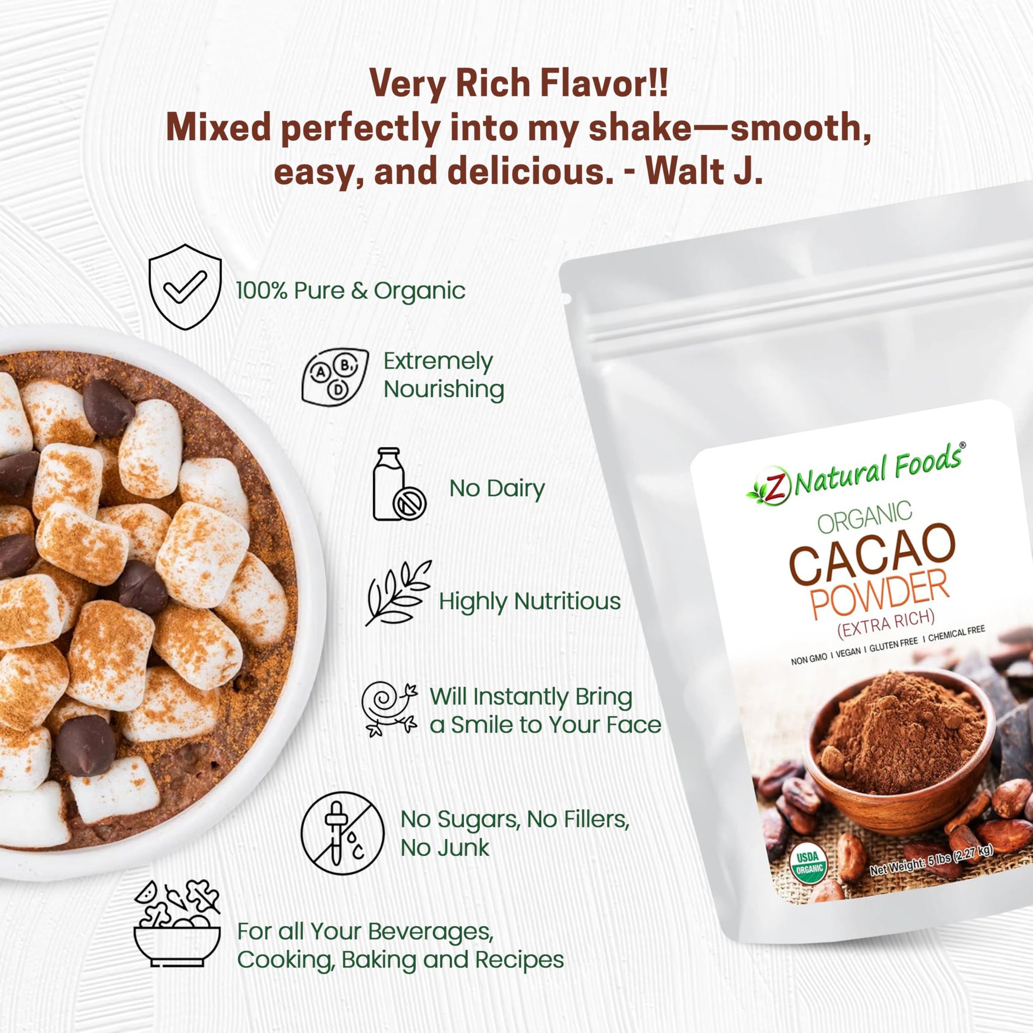 Z Natural Foods Organic Cacao Powder - Unsweetened Nutrient-Dense Superfood for Healthy Aging - Extra-Rich Dark Chocolate Flavor Perfect for Chocolate Recipes, Shakes or Smoothies, 5 lbs