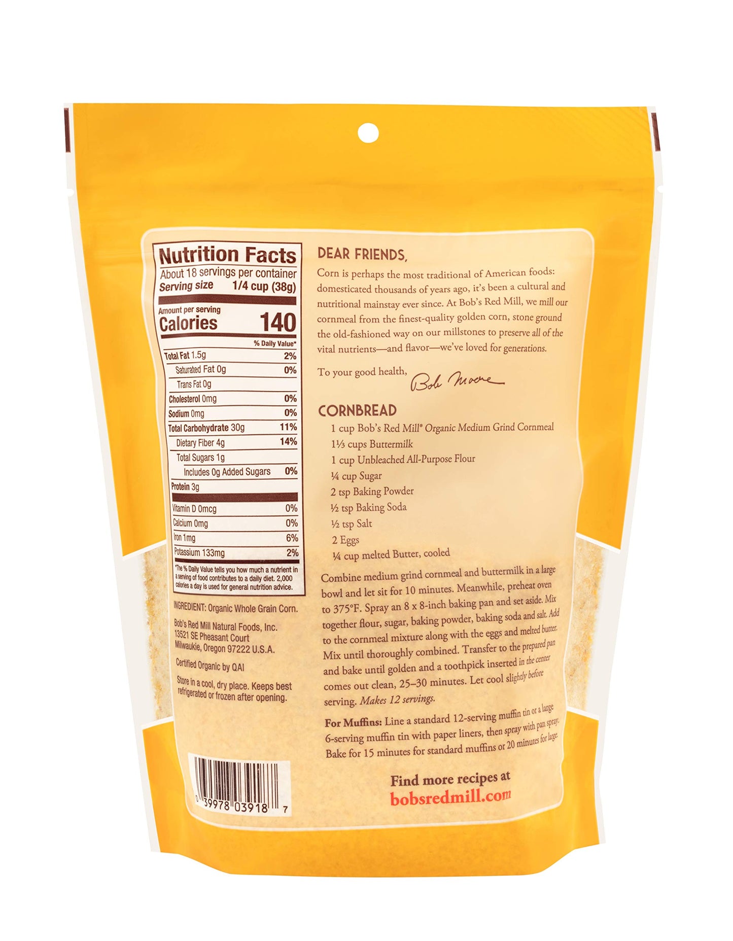 Bob's Red Mill Organic Medium Grind Cornmeal, 24oz (Pack of 1) - Non GMO, Whole Grain, Vegan, Kosher