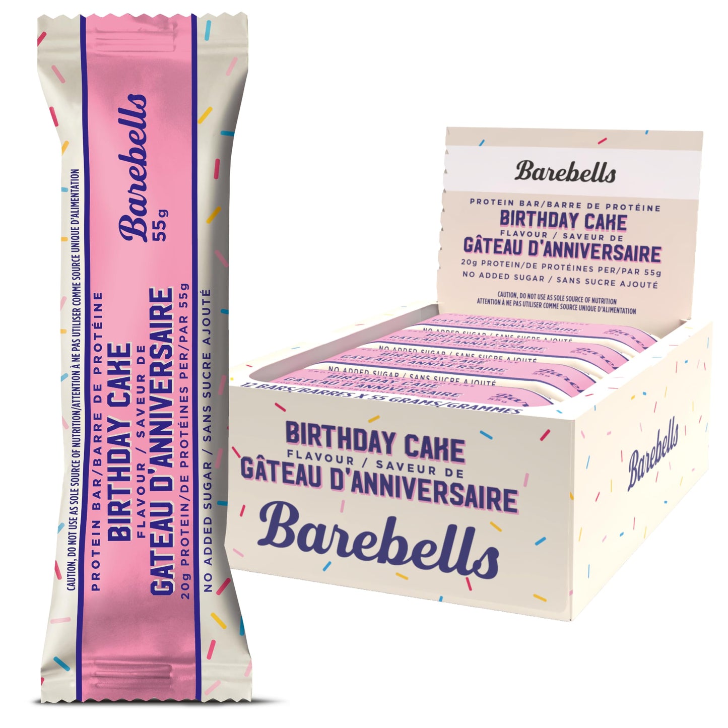 Barebells Protein Bar - 55g, Box of 12 Units | Birthday Cake Flavor, 20g Protein, No Added Sugar, Collagen, Crispy and Creamy Texture