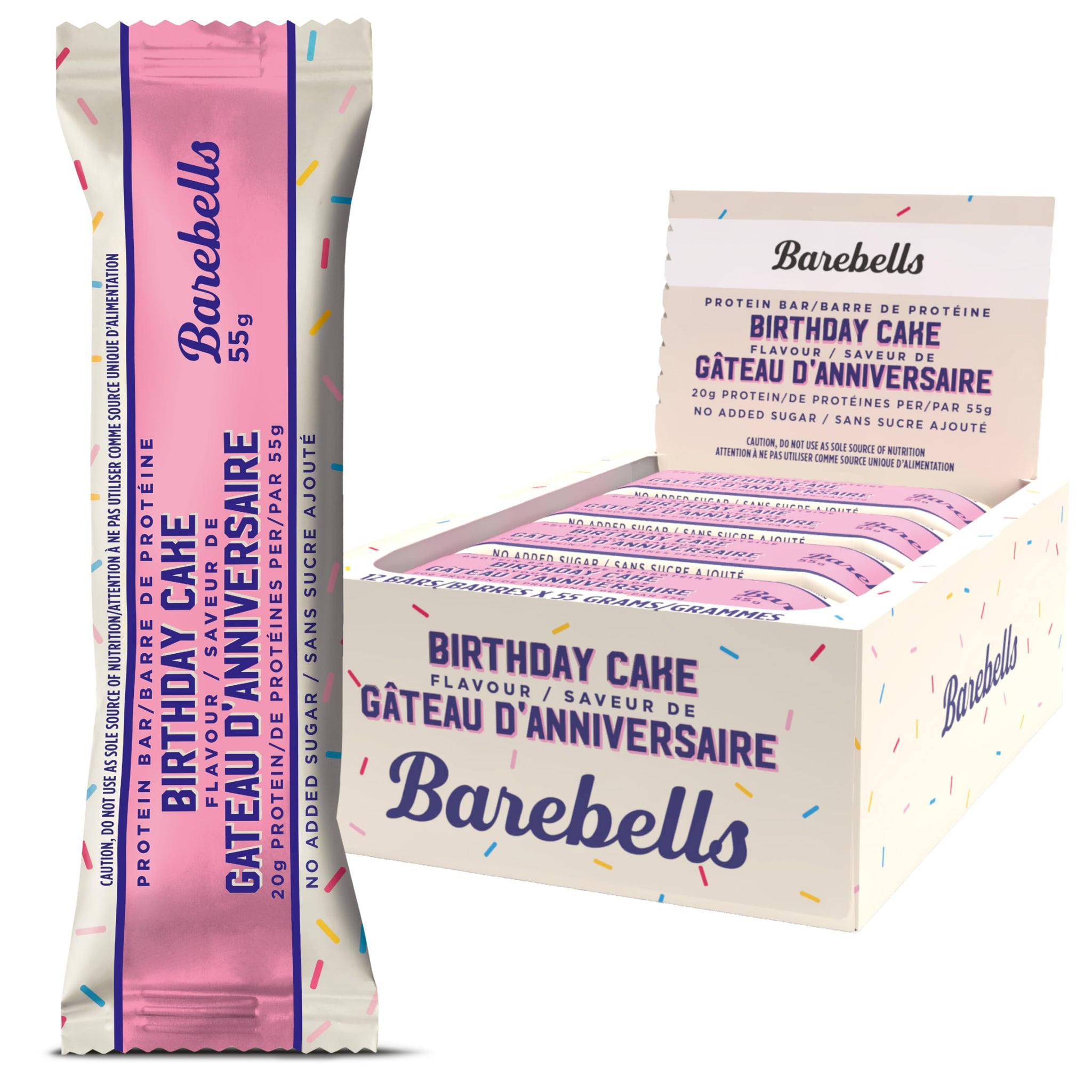 Barebells Protein Bar - 55g, Box of 12 Units | Birthday Cake Flavor, 20g Protein, No Added Sugar, Collagen, Crispy and Creamy Texture