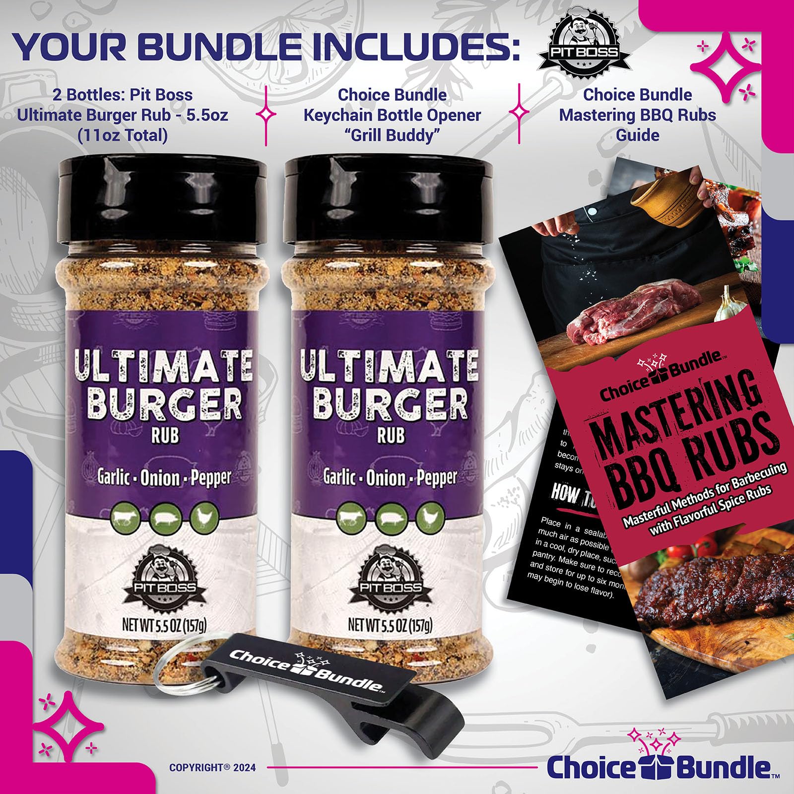 Pit Boss Ultimate Burger Premium BBQ Barbecue Mixed Seasoning Spice & Rub 2 pk Choice Bundle (11 oz) + Guide & Keychain Bottle Opener (4 Items)!