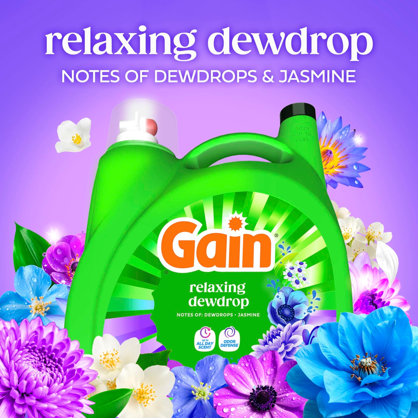 Gain Liquid Laundry Detergent, With Odor Defense, Relaxing Dewdrop Scent, Laundry Soap For HE Washing Machines, 132 fl oz, 100 Loads (Packaging May