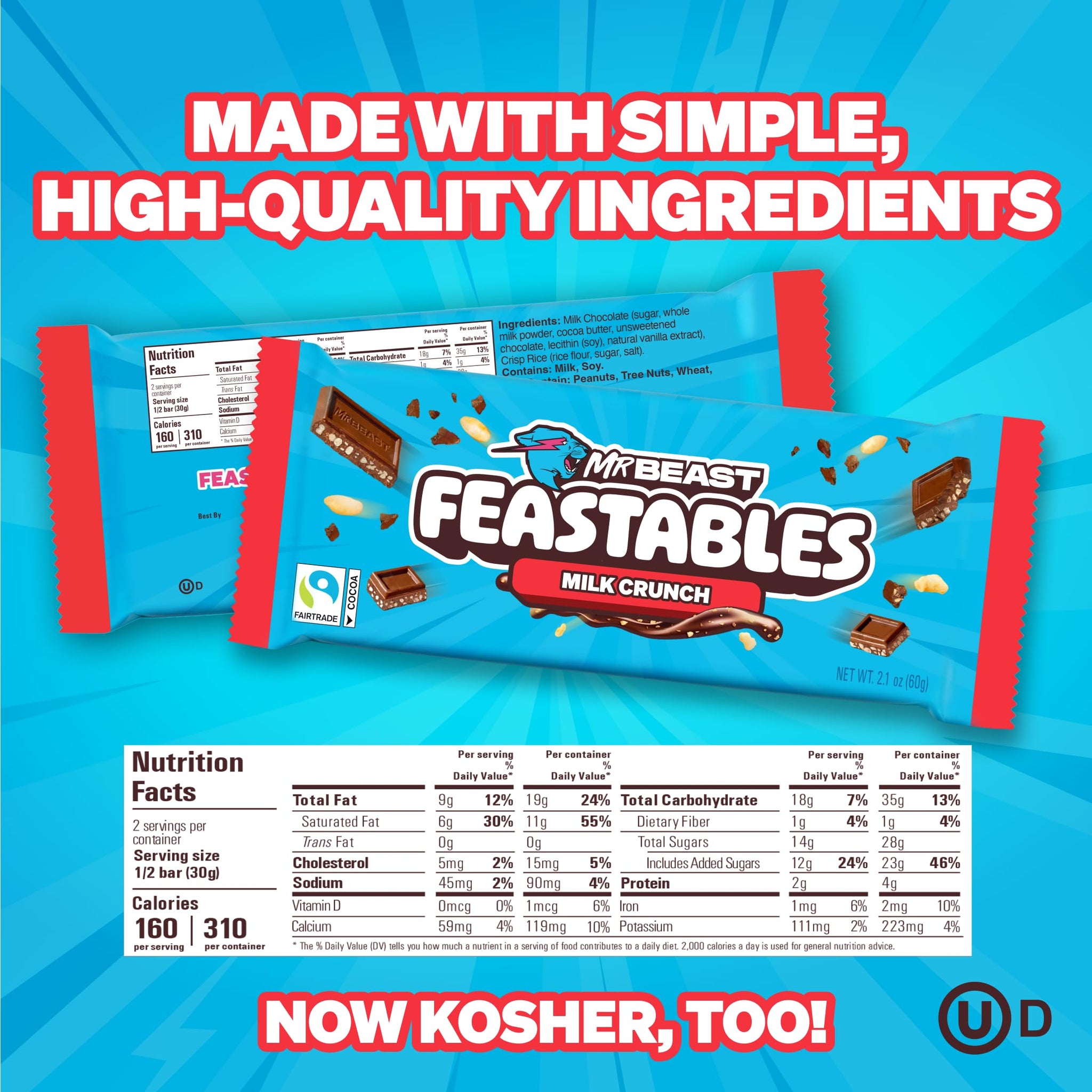 MrBeast Feastables Milk Chocolate Crunch Bar, King Size, 10 Count, Crispy Rice Chocolate Candy, Fairtrade Cocoa, 2.1oz Each