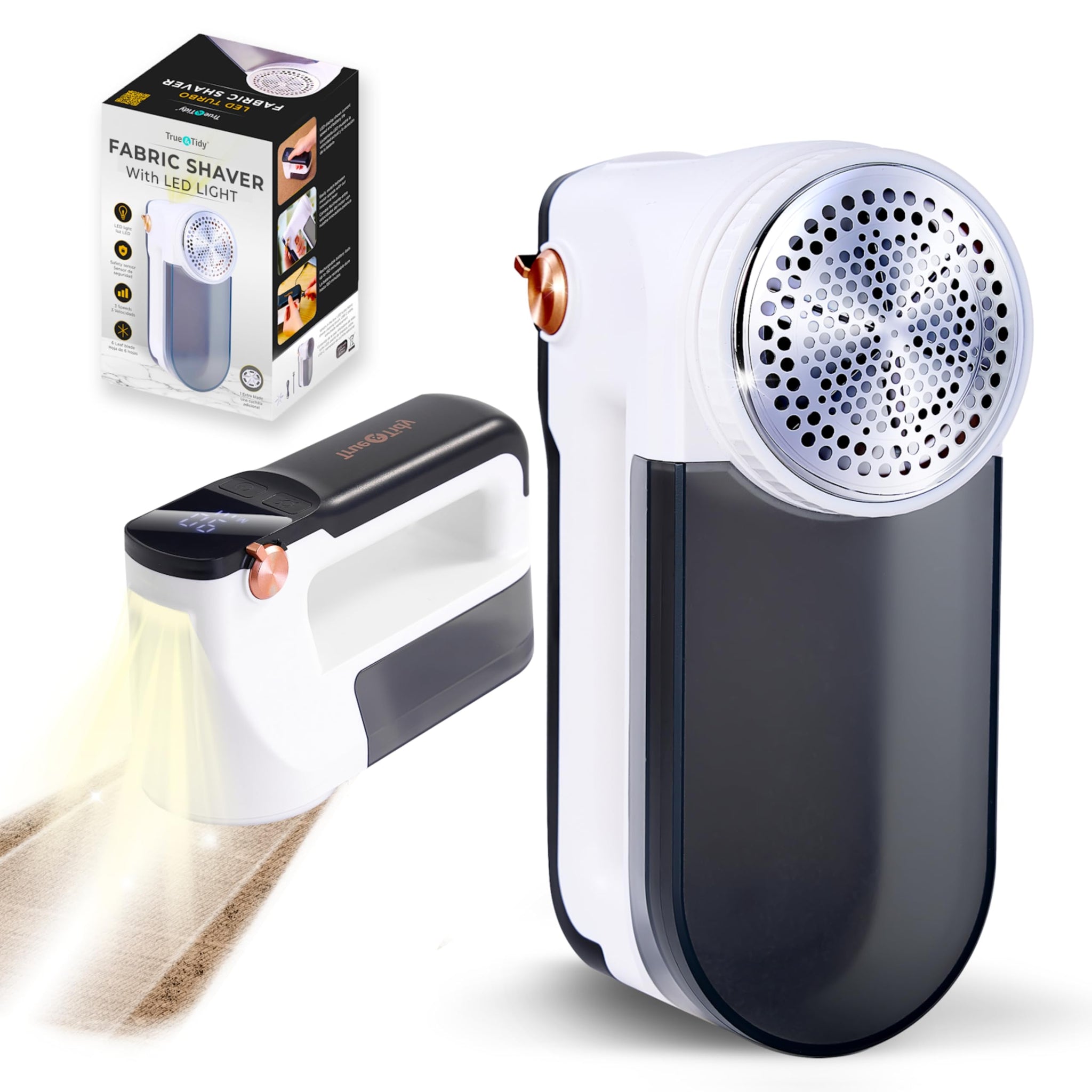 True & Tidy XL Fabric Shaver & Lint Remover Rechargeable Electric Sweater Defuzzer w/ 6-Blade Stainless Steel, 3 Speeds, LED Display, 2 Extra Blades