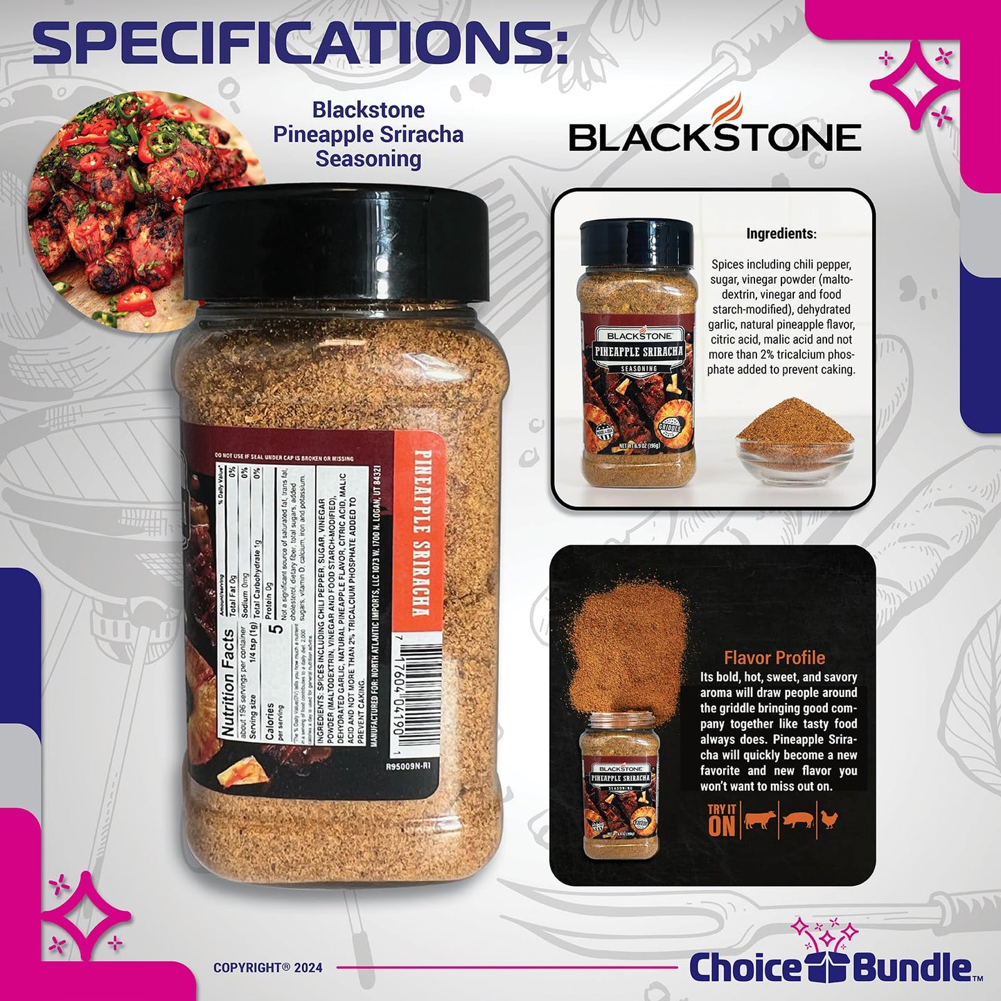 Blackstone Sweet Maple & Pineapple Sriracha Seasoning - Gourmet Griddle Premium BBQ Barbecue Rub 4 Pk Choice Bundle (29 oz) + BBQ Guide & Opener (6