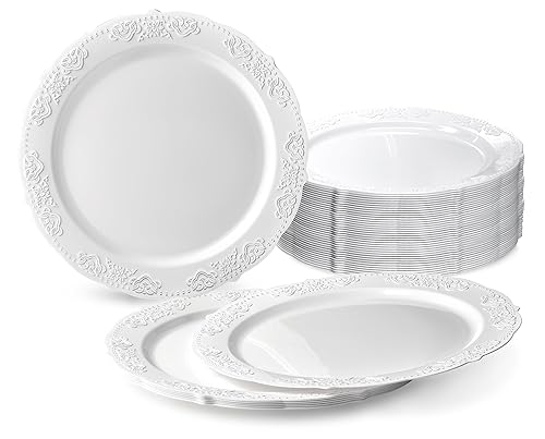" OCCASIONS " 40 Plates Pack, Vintage Party Disposable Wedding Party Plastic Plates (7.5'' Appetizer/Dessert Plate, Portofino in White)