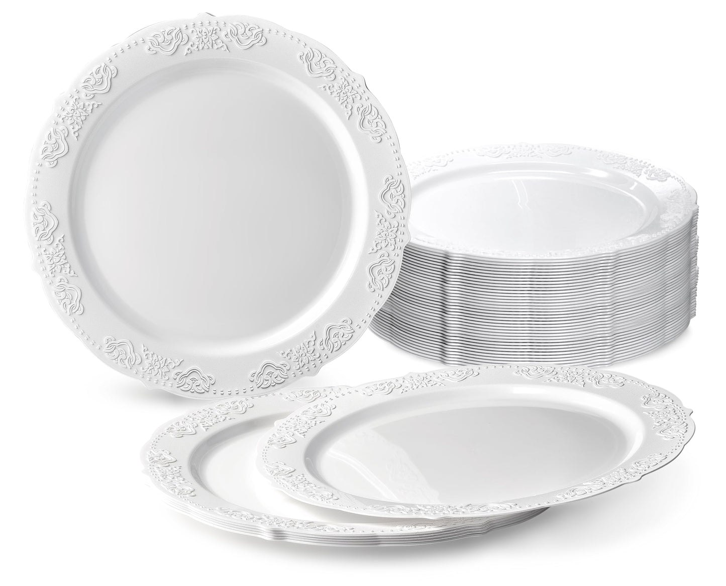 " OCCASIONS " 40 Plates Pack, Vintage Party Disposable Wedding Party Plastic Plates (7.5'' Appetizer/Dessert Plate, Portofino in White)