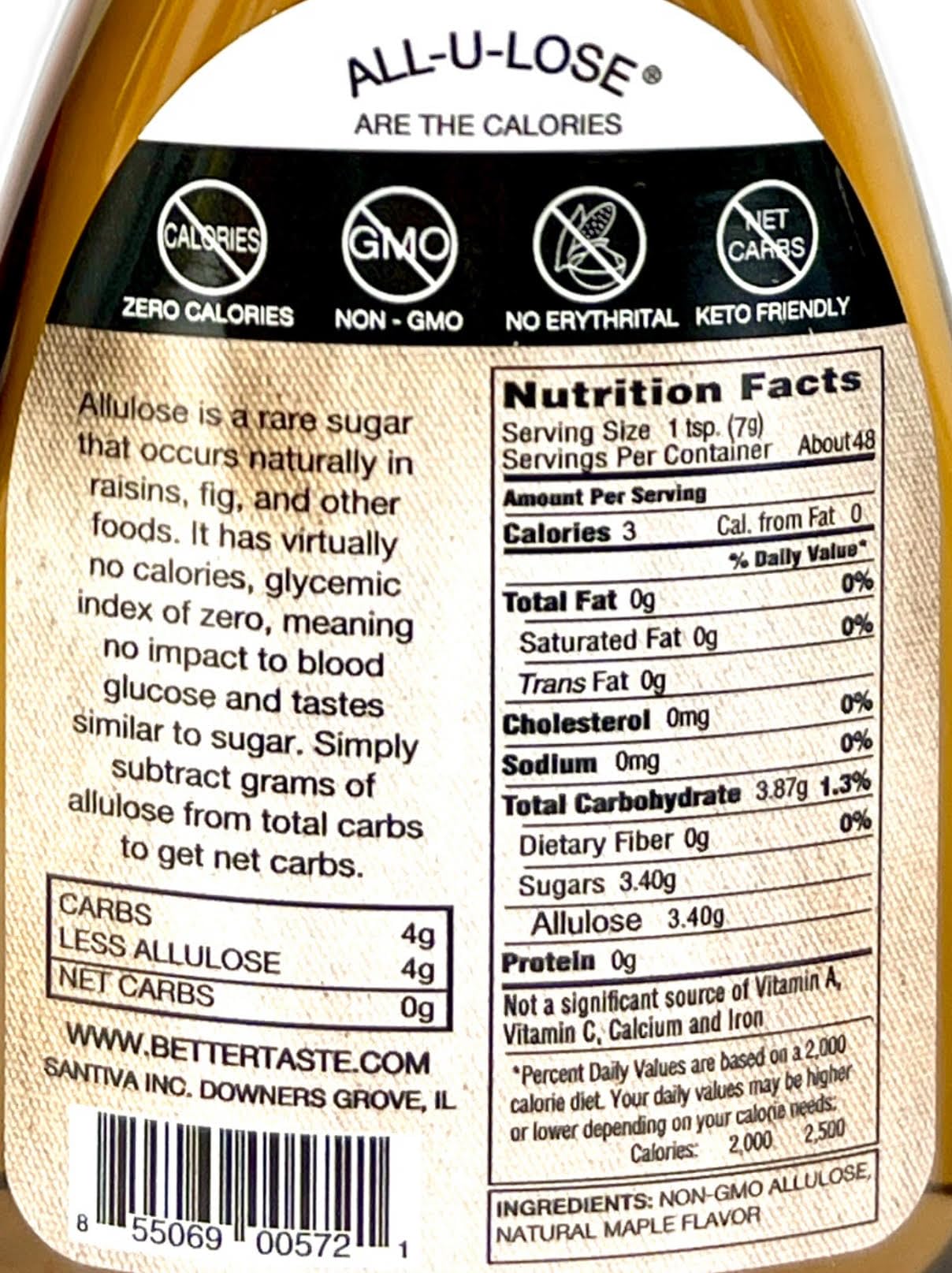 BetterTaste Maple Natural Flavored Allulose Syrup, 11.75 oz, Zero Calorie, Sugar Substitute, Non-GMO, Gluten Free (11.75 oz Pack of 2-572, Maple)
