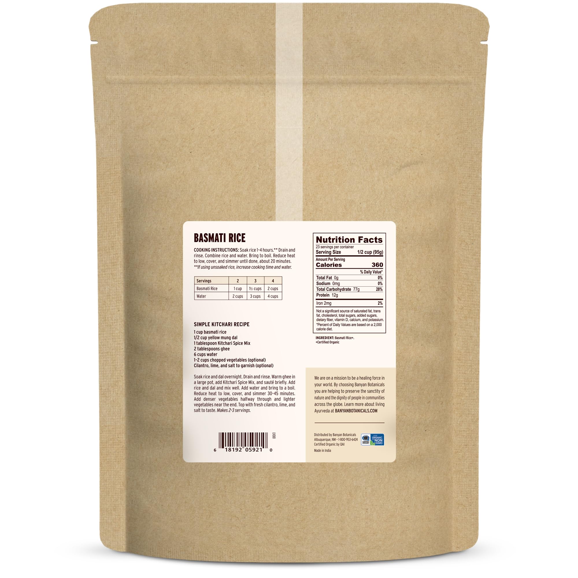 Banyan Botanicals White Basmati Rice - Organic & Pure Basmati Rice for Cooking Healthy Meals and Making Kitchari - With Resealable Zipper Bag - 5 lbs - Non-GMO Sustainably Sourced Vegan