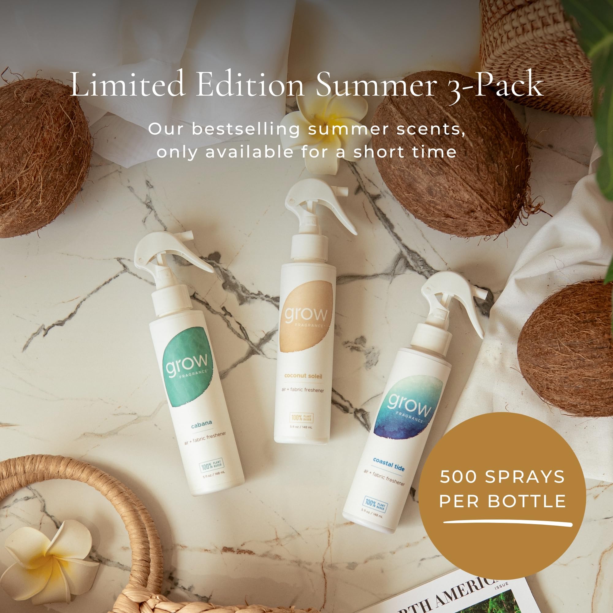 Grow Fragrance Certified Non Toxic, 100% Plant Based Fabric and Room Air Freshener Spray. Made with All Natural Essential Oils | Summer 3 Pack