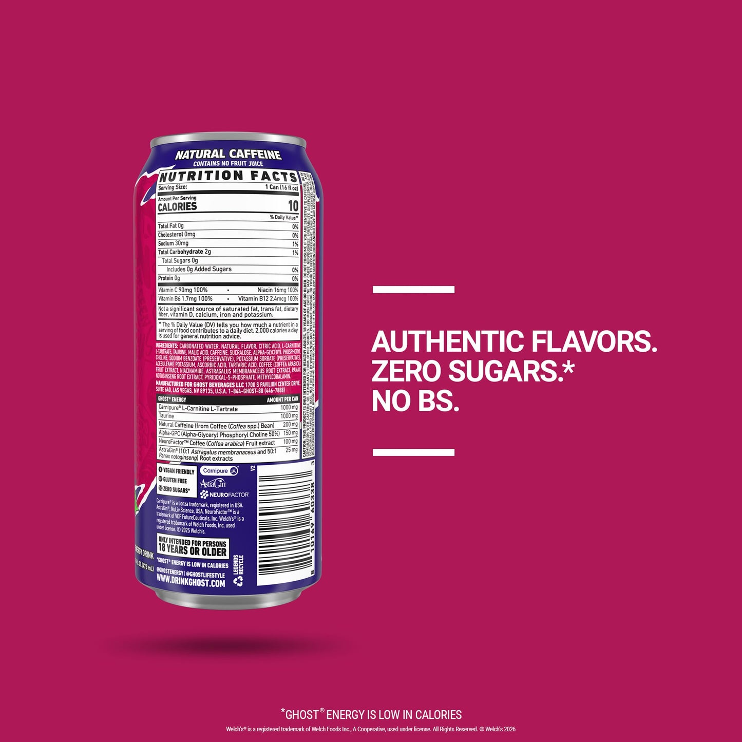 GHOST Energy Drink - 12-Pack, Welch's Grape-Cran, 16oz Cans - Energy & Focus & No Artificial Colors - 200mg of Natural Caffeine, L-Carnitine & Taurine