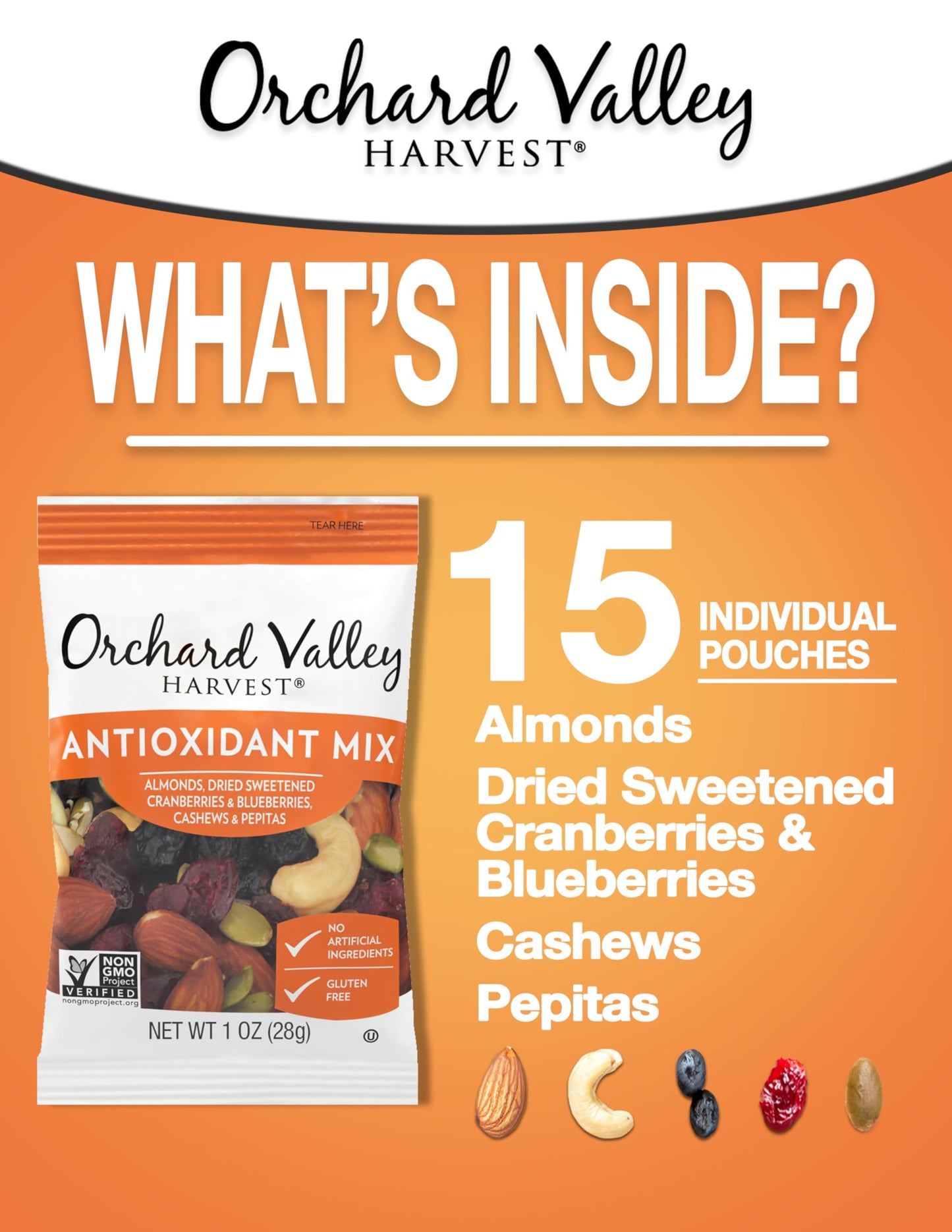 Orchard Valley Harvest Antioxidant Mix, 1 Ounce Bags (Pack of 15), Almonds, Cranberries, Blueberries, Cashews, and Pepitas, Non-GMO, No Artificial