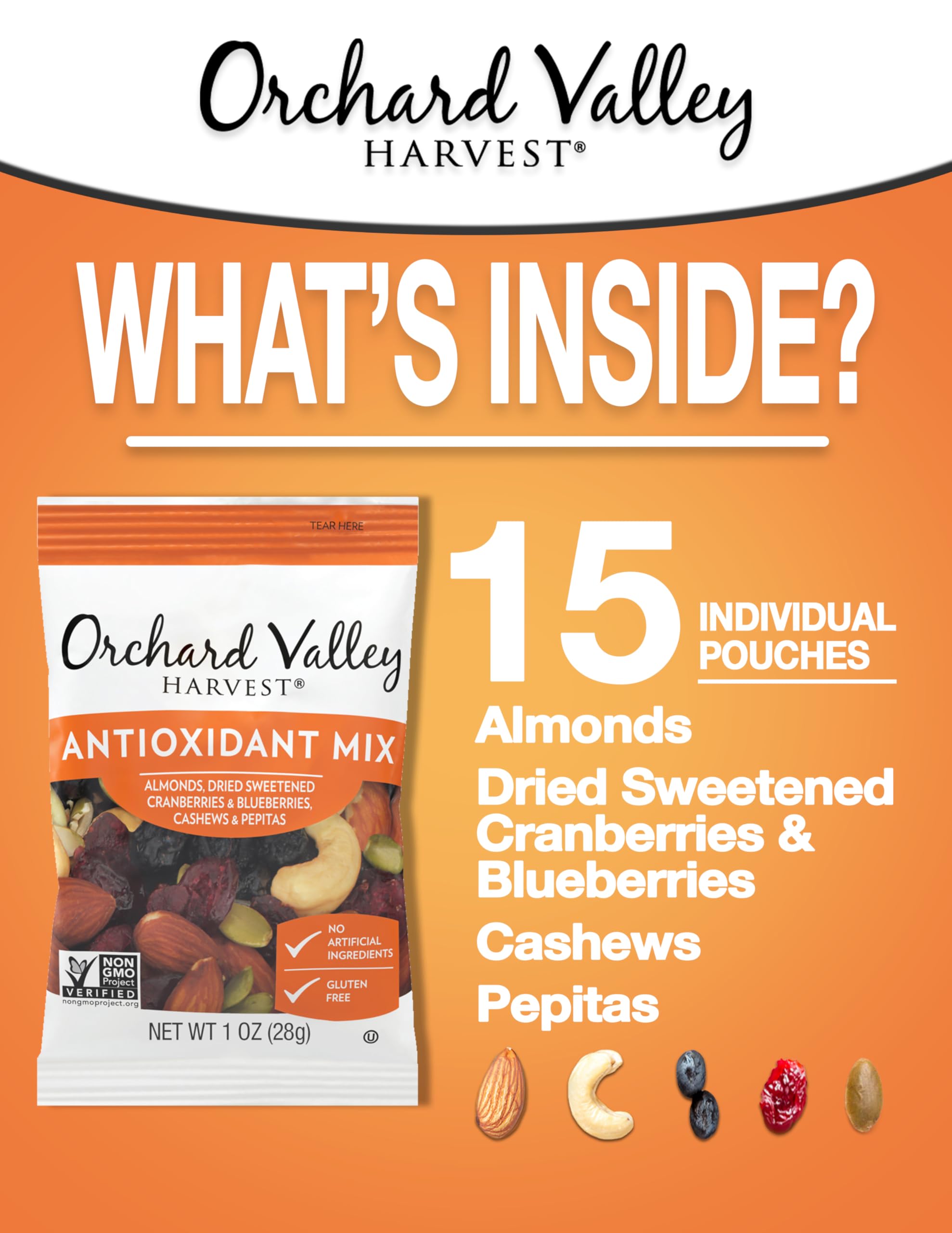 Orchard Valley Harvest Antioxidant Mix, 1 Ounce Bags (Pack of 15), Almonds, Cranberries, Blueberries, Cashews, and Pepitas, Non-GMO, No Artificial