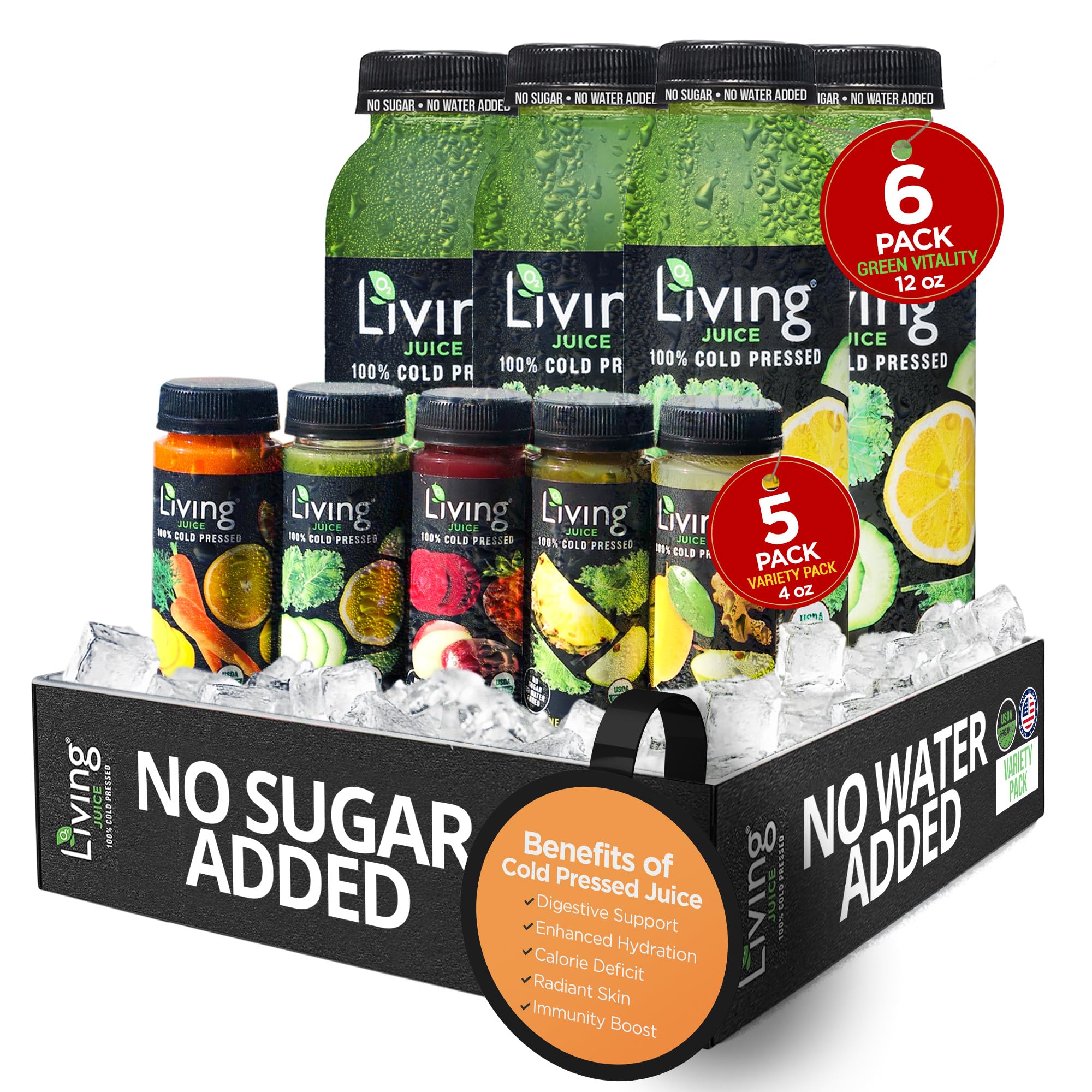 O2 Living Juice Cold Pressed Drink - Green Vitality Organic Juice Variety Pack - No Added Sugars or Water, Naturally Sweetened from Fruits, Rich in