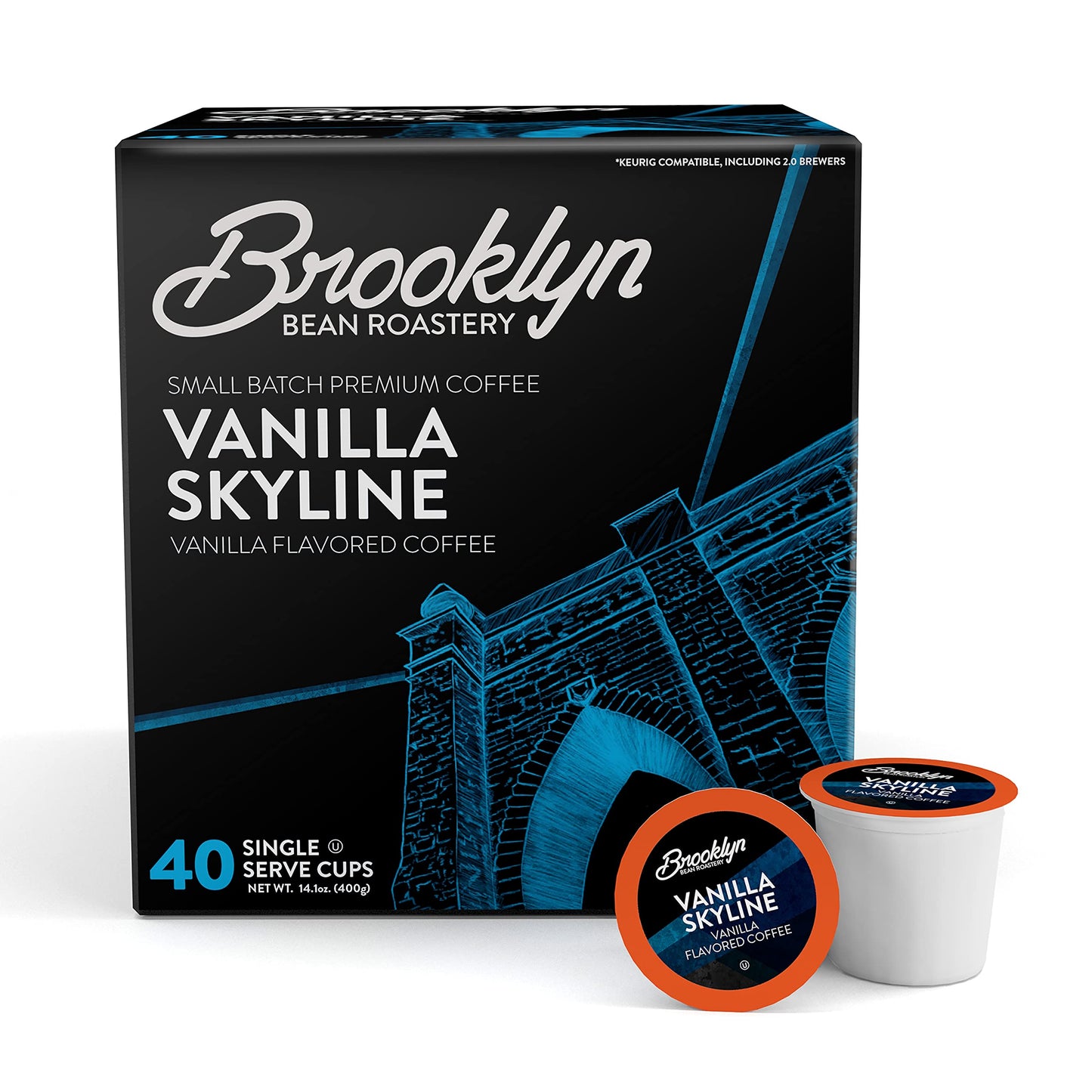 Brooklyn Beans Vanilla Skyline Gourmet Coffee Pods - Compatible with Keurig K Cup Brewers Including 2.0 Machines, 40 Count, Rich and Creamy Vanilla