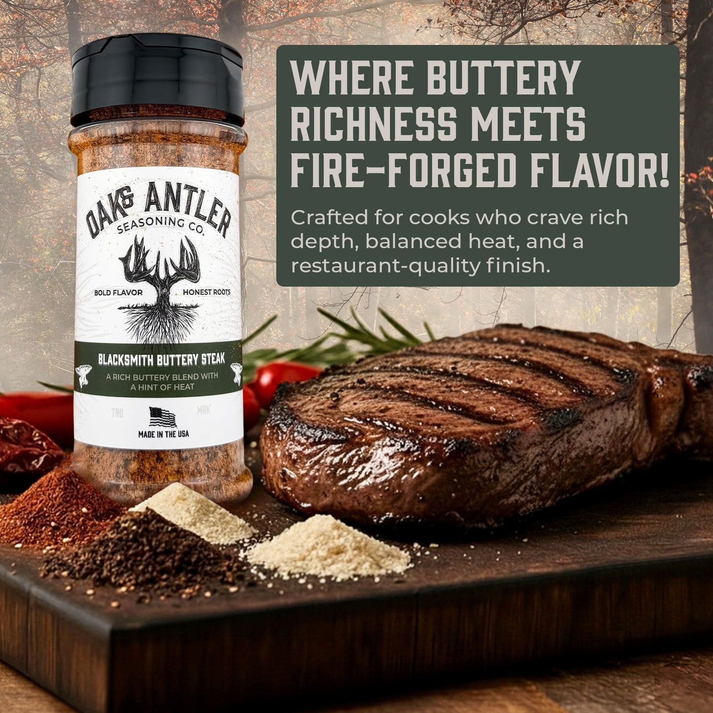 Oak & Antler Blacksmith Buttery Steak Spice Rub, Non-GMO, No MSG - 5oz 12pk