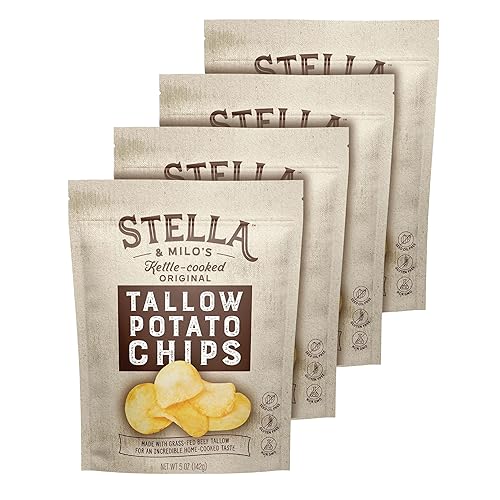 Stella & Milo's Kettle Cooked Beef Tallow Potato Chips, Seed Oil Free Chips Made with Grass Fed Beef Tallow, Original Flavor, 5 oz 4-pack