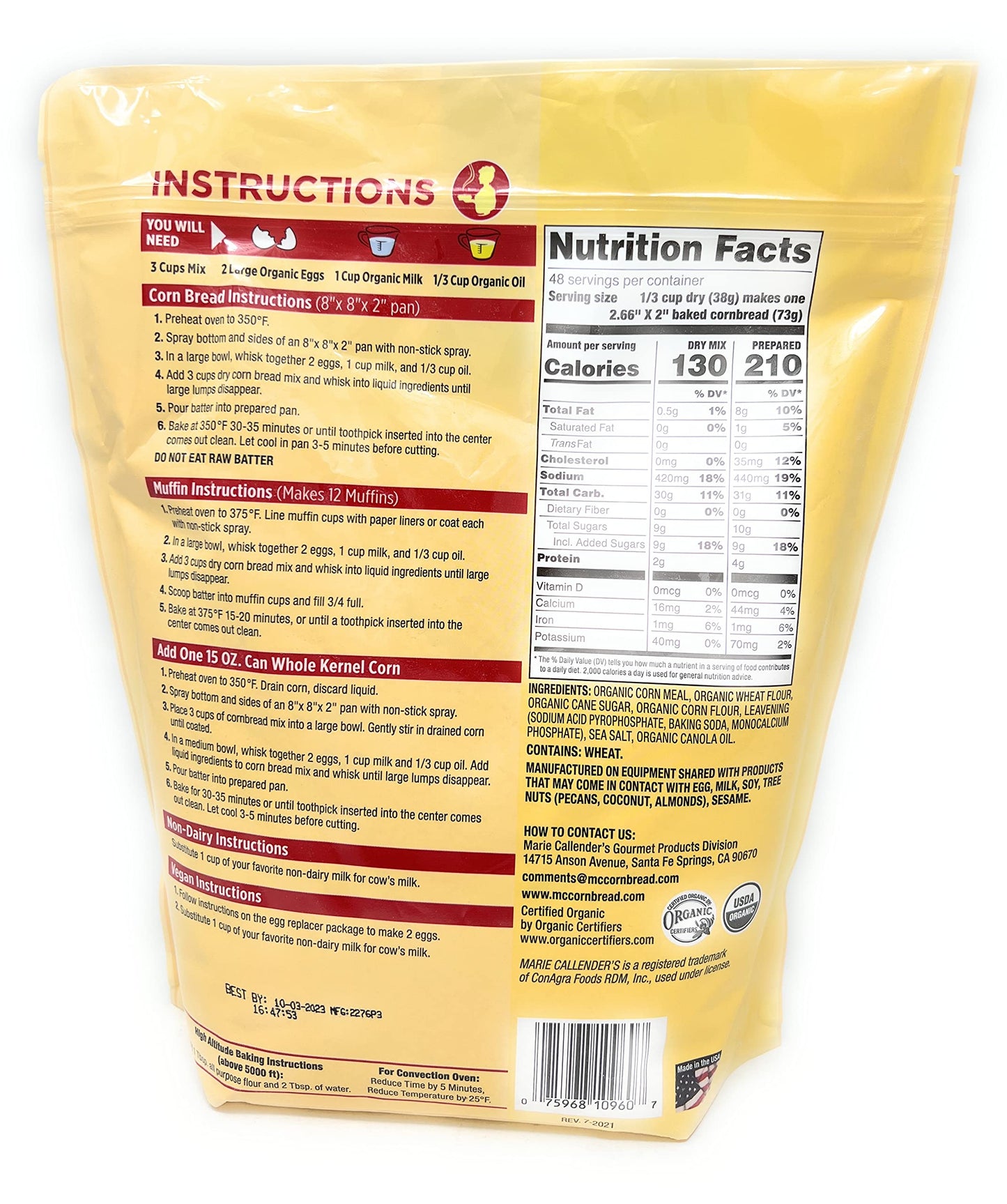 Marie Callendar's Organic Cornbread and Muffin Mix, 4 lb Bag (64oz)