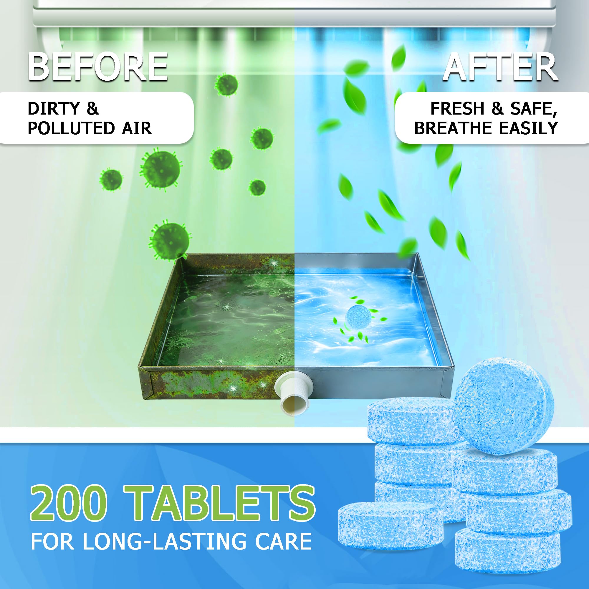 AC Drain Line Cleaner (200 Count)- Prevents Odors, Keeps HVAC Drain Pan Clean,No-Residue, Water-Soluble, Fast-AC Line Cleaner For HVAC Window Units