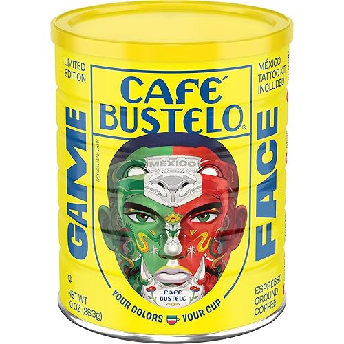 Café Bustelo Espresso Style Dark Roast Ground Coffee, Limited Edition Game Face Design, Tattoo Kit Included, 10 Oz. Can