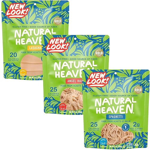 Natural Heaven Hearts of Palm Pasta Variety 3-Pack - Spaghetti Noodles, Angel Hair, Lasagna, Low-Calorie, Keto & Gluten-Free Food, Vegan, 9 Oz Ea
