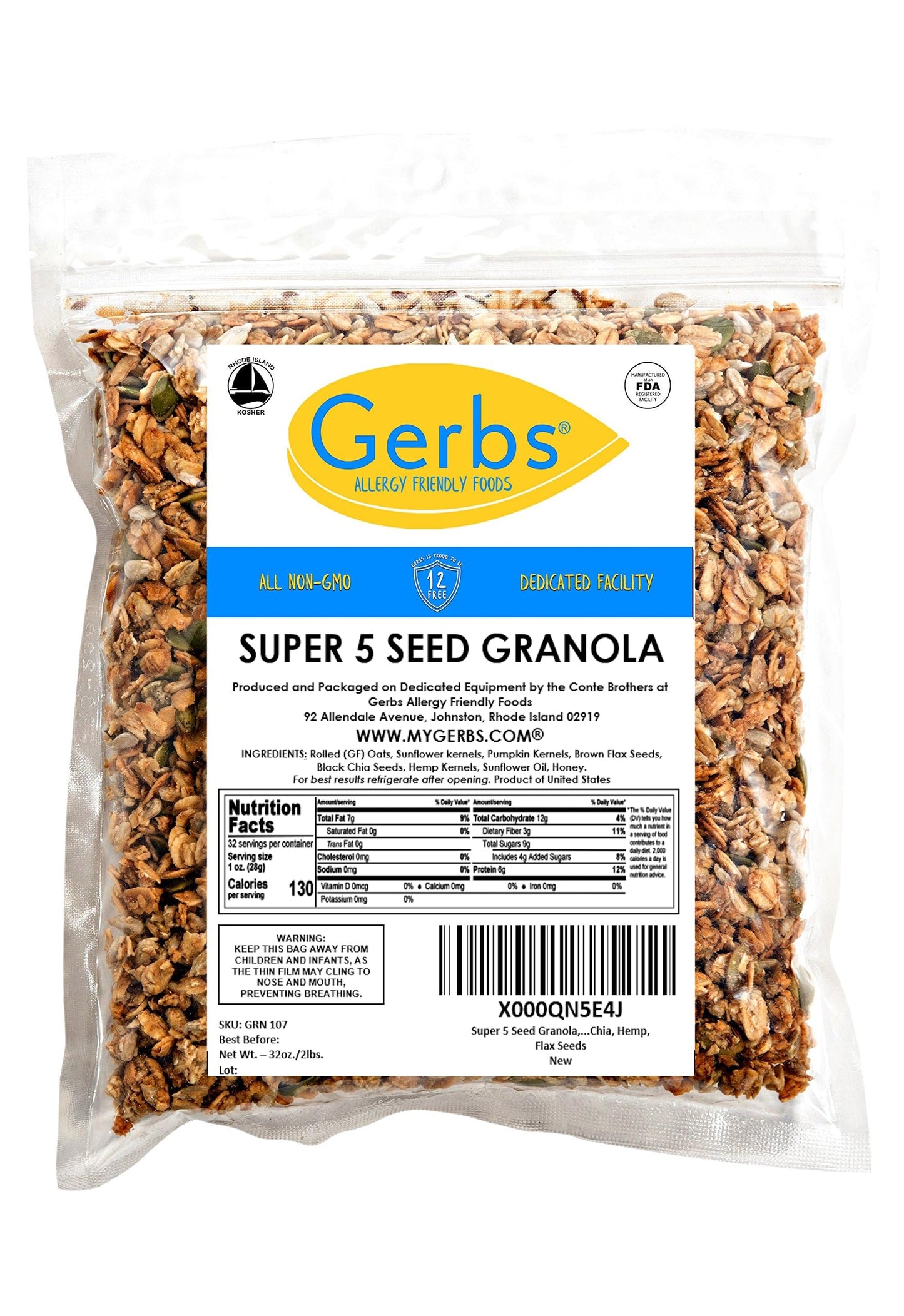 Gerbs Super 5 Seed Granola, 2 LBS - Top 14 Food Allergy Free & Non GMO - Keto Safe &Unsulfured - Pumpkin, Sunflower, Chia, Hemp, Flax Seeds
