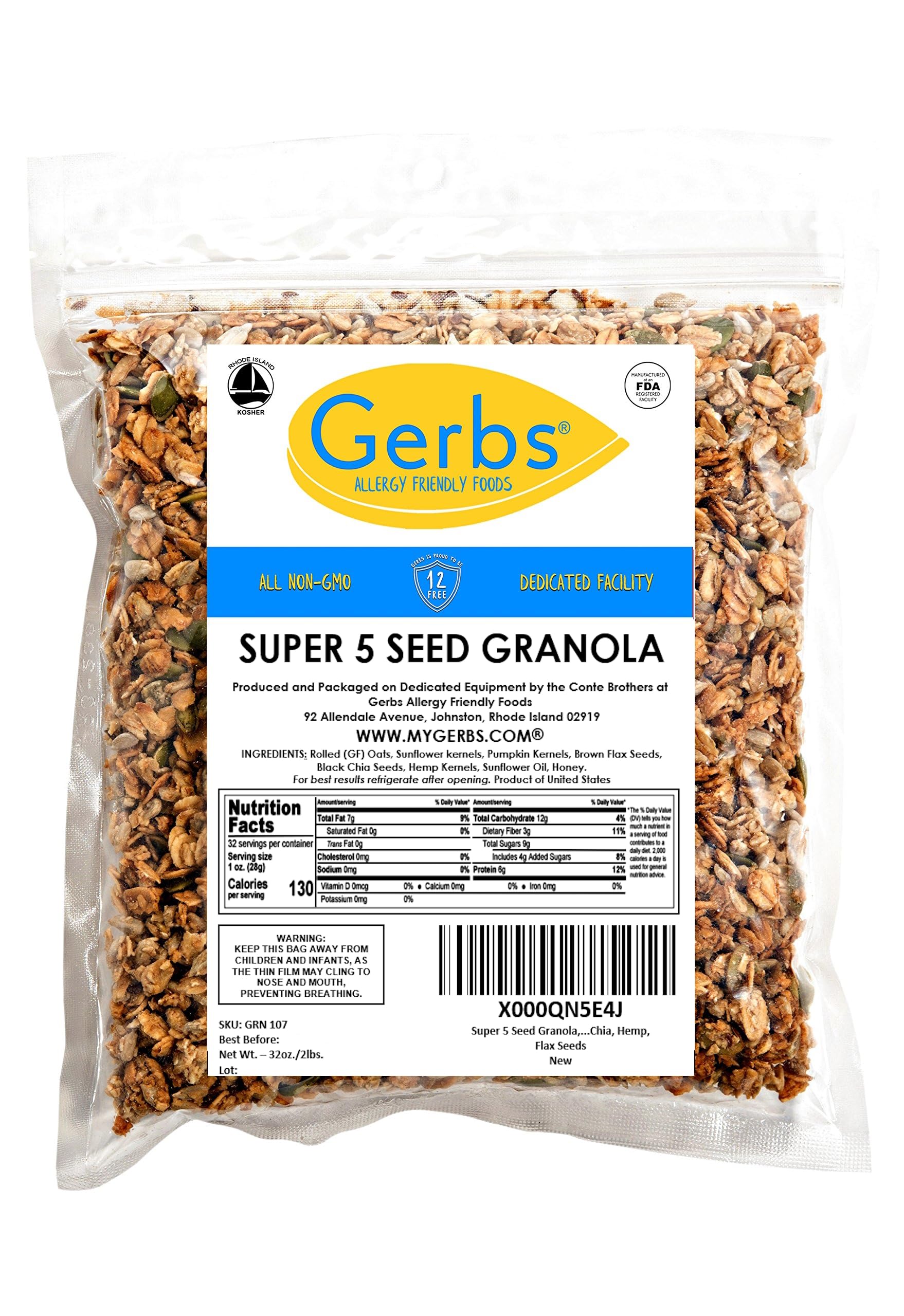 Gerbs Super 5 Seed Granola, 2 LBS - Top 14 Food Allergy Free & Non GMO - Keto Safe &Unsulfured - Pumpkin, Sunflower, Chia, Hemp, Flax Seeds