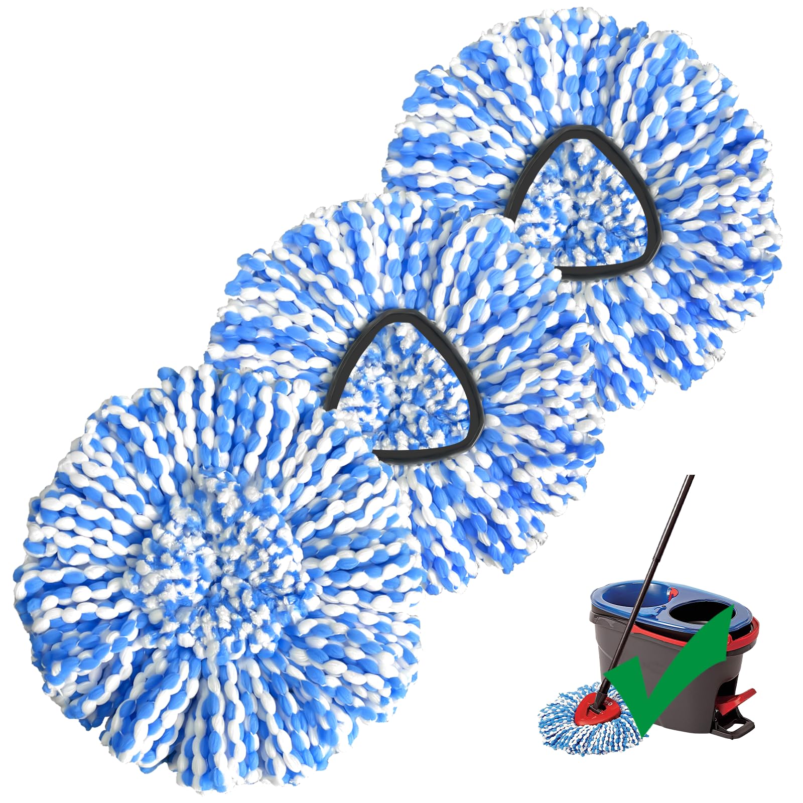 Spin Mop Replacement Head Compatible with RinseClean 2-Tank System, 3 Pack Machine Washable Mop Refills, Removes Dust, Hair & Kitchen Dirt