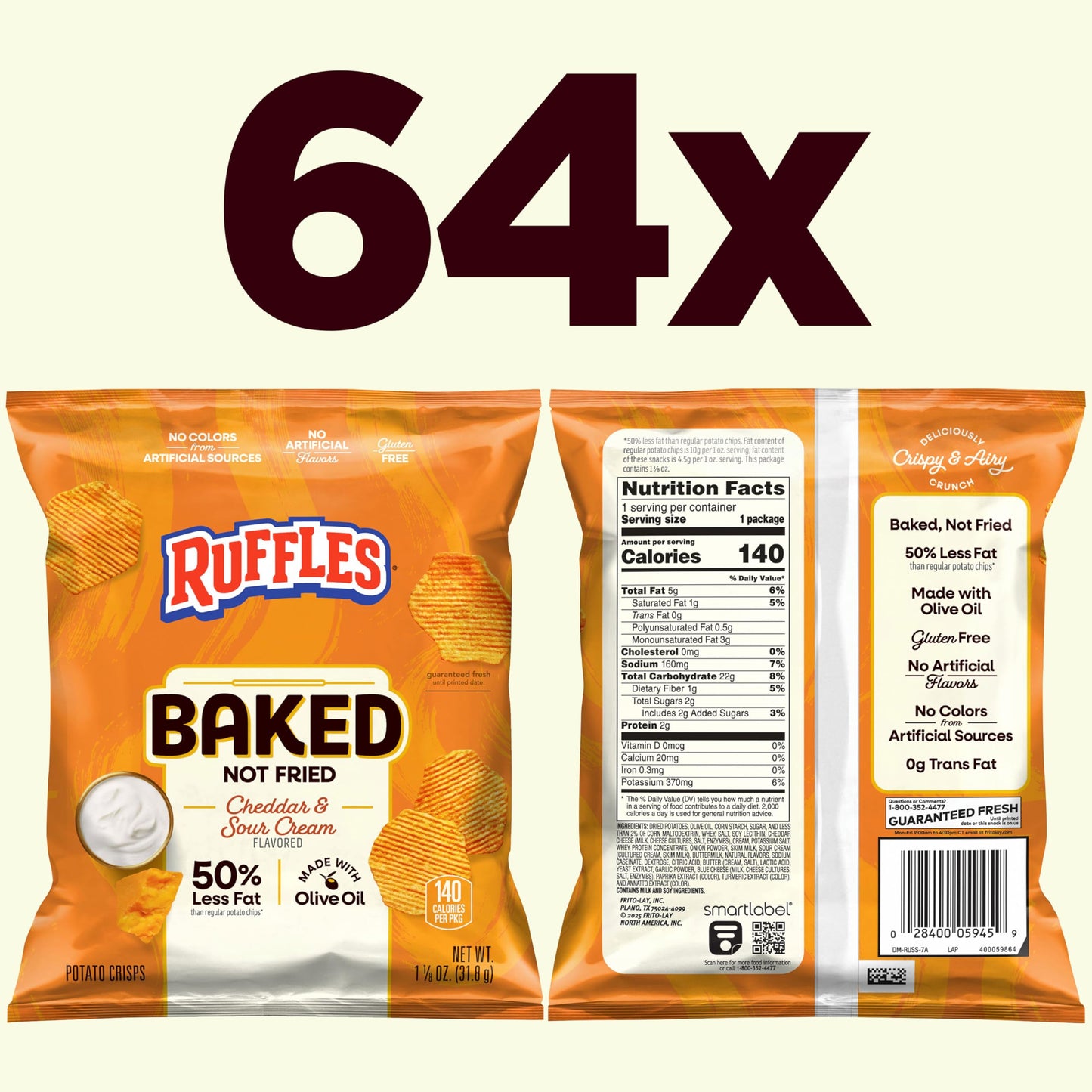 Baked Ruffles Potato Chips, Cheddar & Sour Cream, 1.125 oz Bags, (64 Pack), 50% Less Fat, Gluten Free, No Artificial Flavors, No Colors from