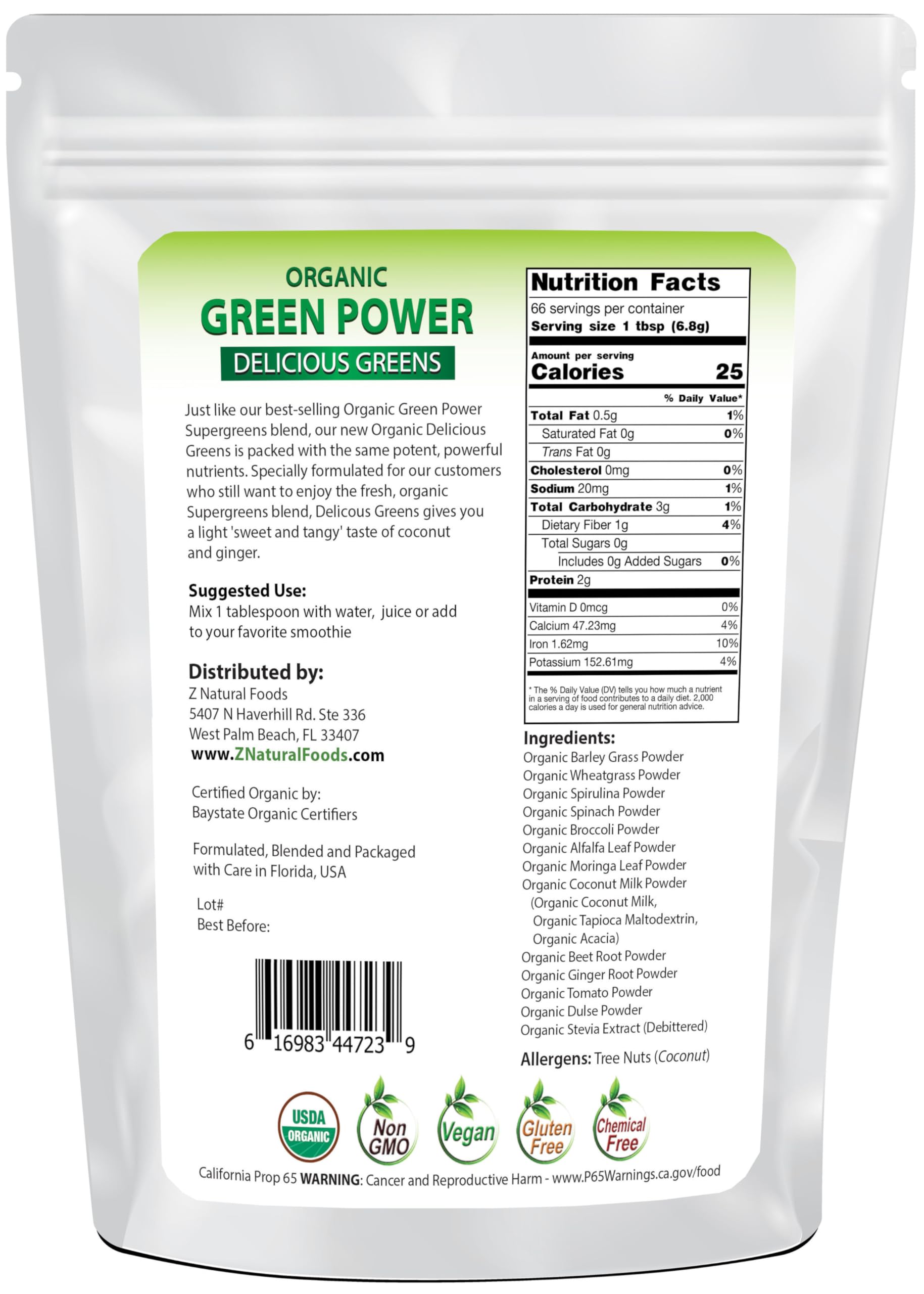 Z Natural Foods Delicious Greens Powder, Tangy and Nutrient-Dense Greens Blend, 100% Natural, Vegan, Gluten Free, Non-GMO, Kosher, 1 Lb
