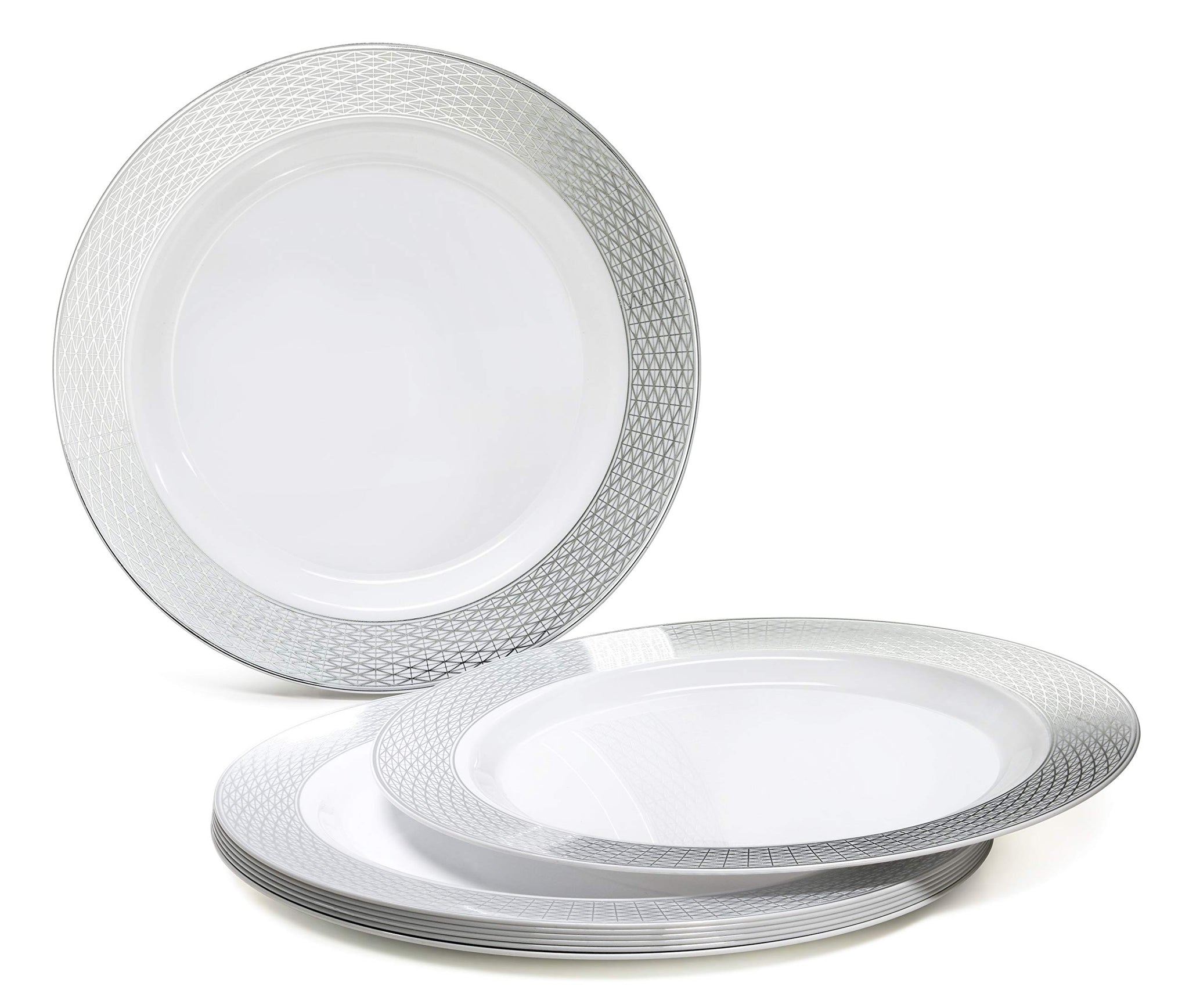 " OCCASIONS " 50 Plates Pack, Heavyweight Premium Disposable Plastic Plates Set (25 x 10.5'' Dinner + 25 x 6.25'' Cake plates) (Diamond in White