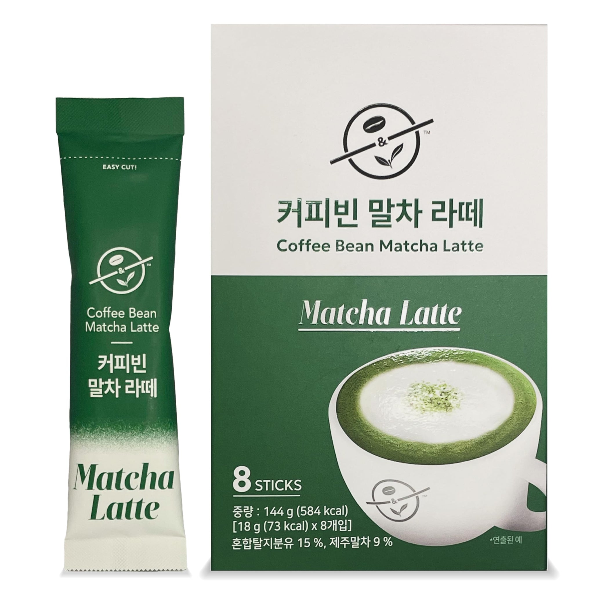 Coffee Bean Matcha Latte Sticks, 8 Single-Serve Packets - Made with Jeju Matcha for a Smooth, Balanced Green Tea Latte - Enjoy Hot or Iced