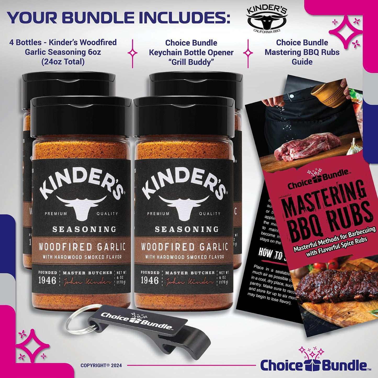 Kinder's Woodfired Garlic Seasoning with Hardwood Smoked Flavors 4 PK Premium BBQ Barbecue Rub Choice Bundle (24 oz) + BBQ Guide & Bottle Opener (6