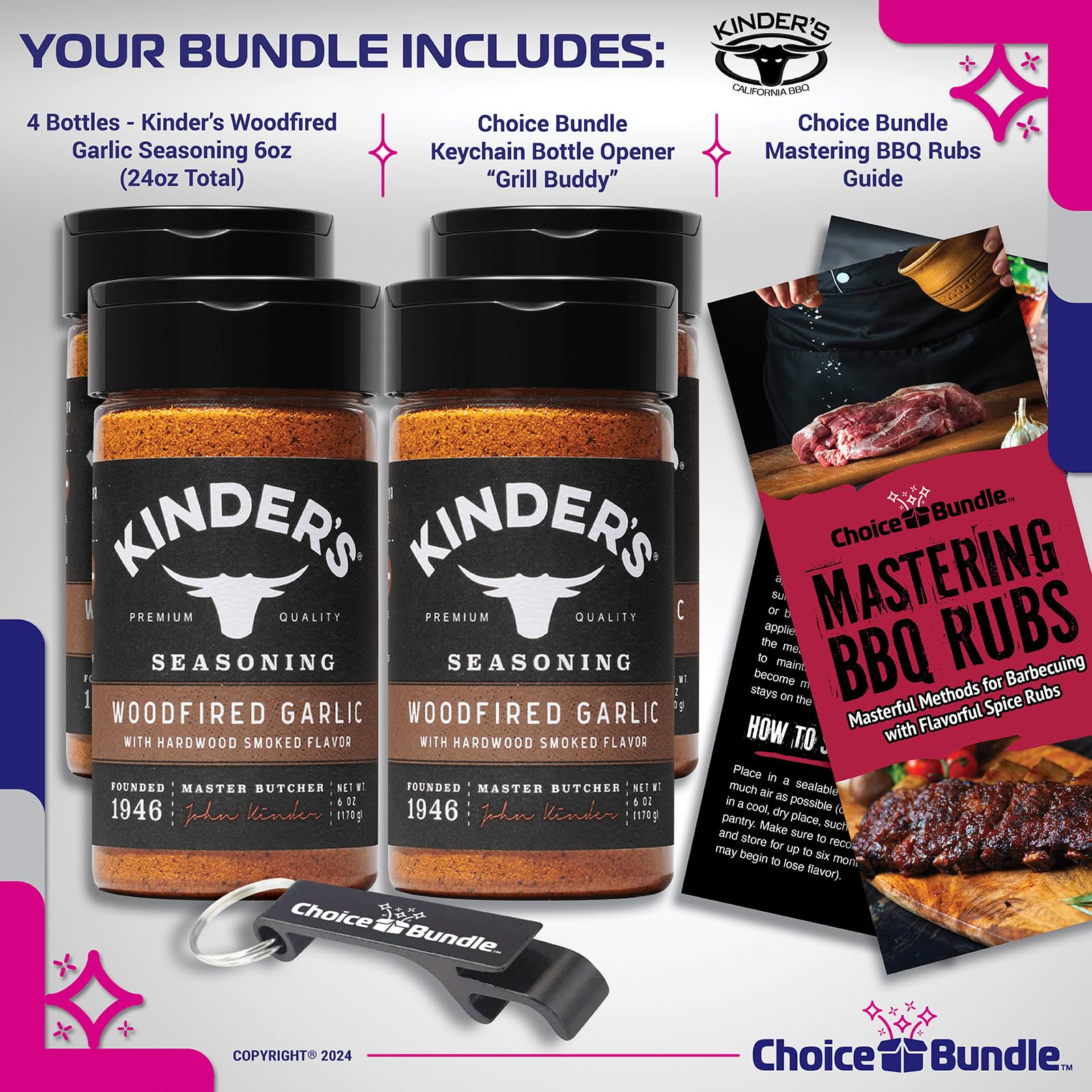 Kinder's Woodfired Garlic Seasoning with Hardwood Smoked Flavors 4 PK Premium BBQ Barbecue Rub Choice Bundle (24 oz) + BBQ Guide & Bottle Opener (6