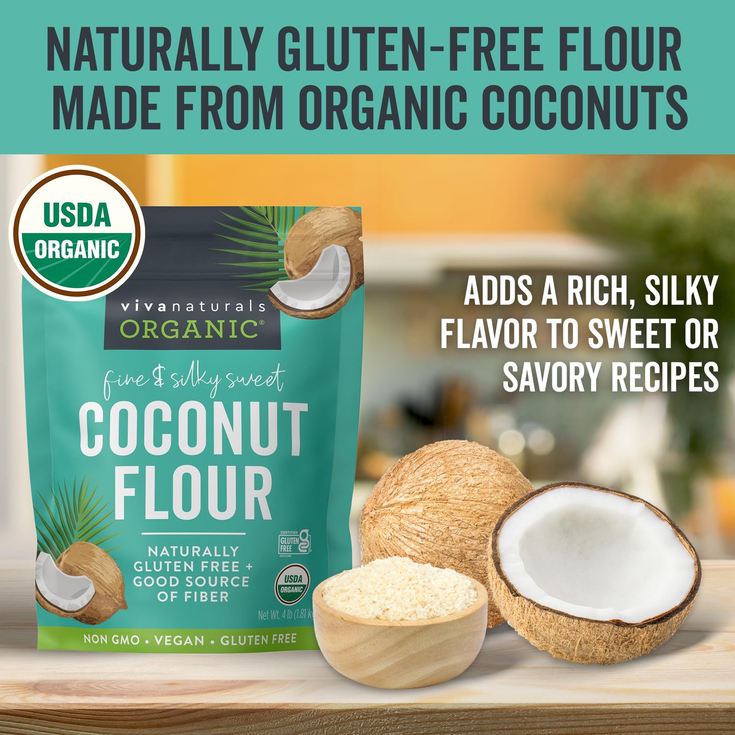 Viva Naturals Organic Coconut Flour, 4 lbs (1.81 kg) - Gluten Free Flour for Keto, Paleo & Vegan Baking, Good Source of Fiber, Low Fat, Non-GMO