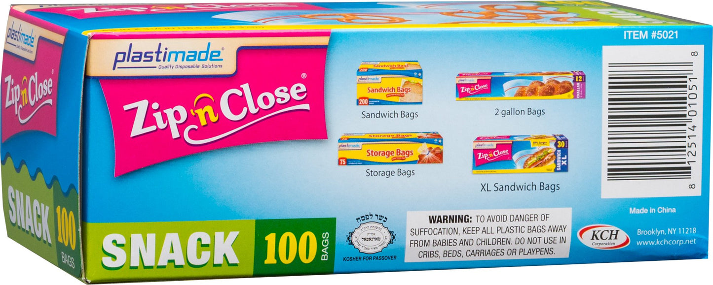 Plastimade Zip'n'Close Disposable Plastic Resealable Snack Bags, 200 Bags, Premium Seal, Great for Home, School, Office, Traveling, Snacks, Food Prep