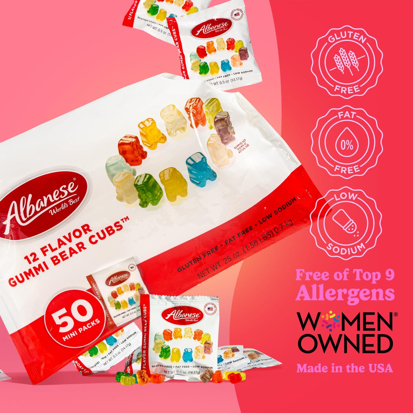 Albanese World's Best 12 Flavor Gummi Bear Cubs | 50-0.5oz Snack Packs of Candy | Miniature, Individually Wrapped, Soft Gummy |Cherry, Blue Raspberry