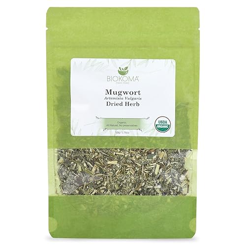 Biokoma Organic Mugwort Dried Herb 50g 1.76oz Artemisia vulgaris USDA Organic Herbal Tea Premium Cut Aromatic Leaves Lucid Dreaming Bath Resealable